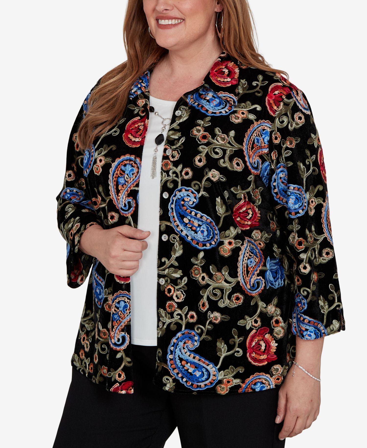 Plus Size Collared 3/4-Sleeve Velvet Top