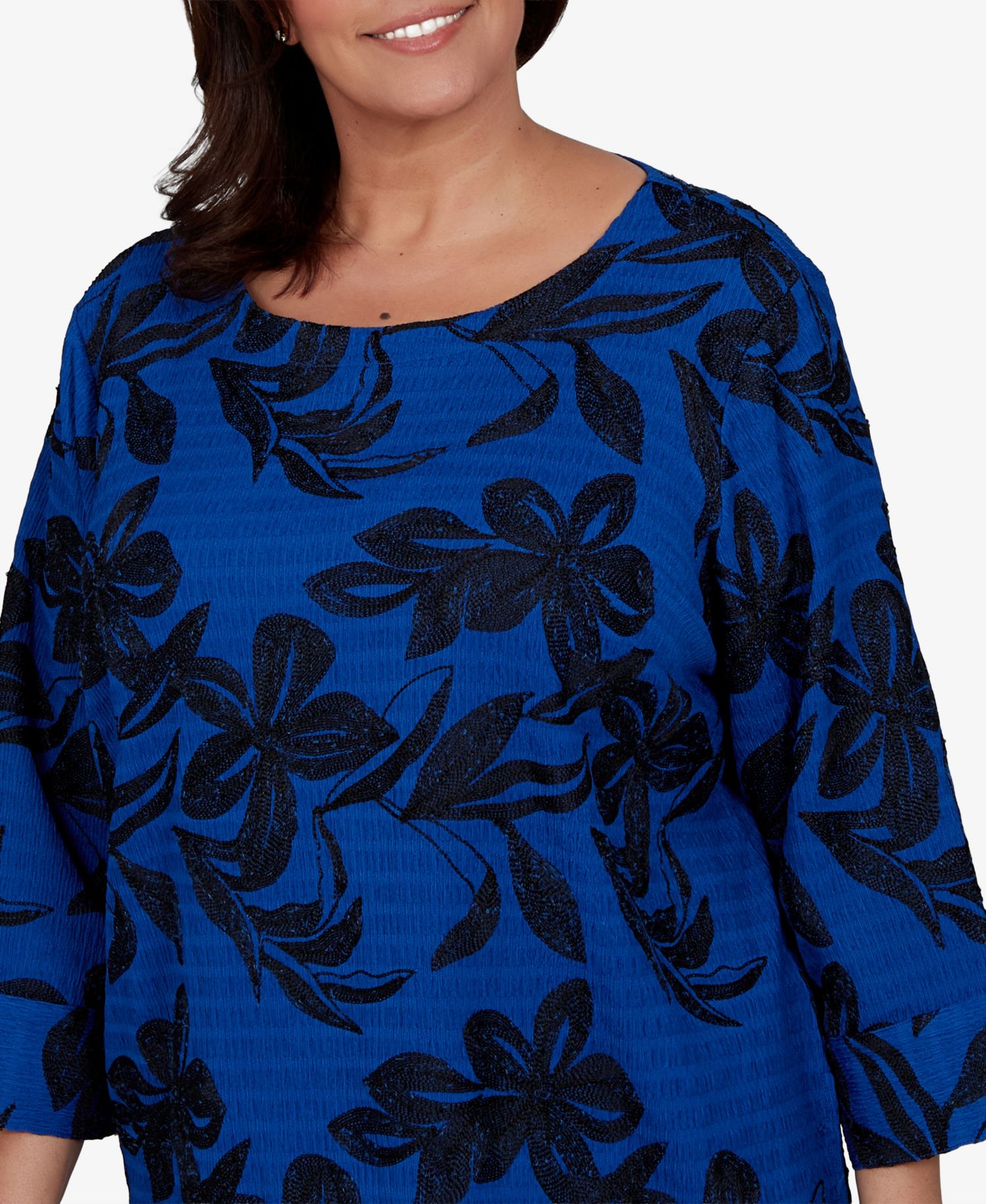 Plus Size Calm Luxe Floral Textured-Knit Boat Neck Blouse