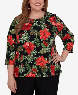 Plus Size Floral-Print 3/4-Sleeve Top