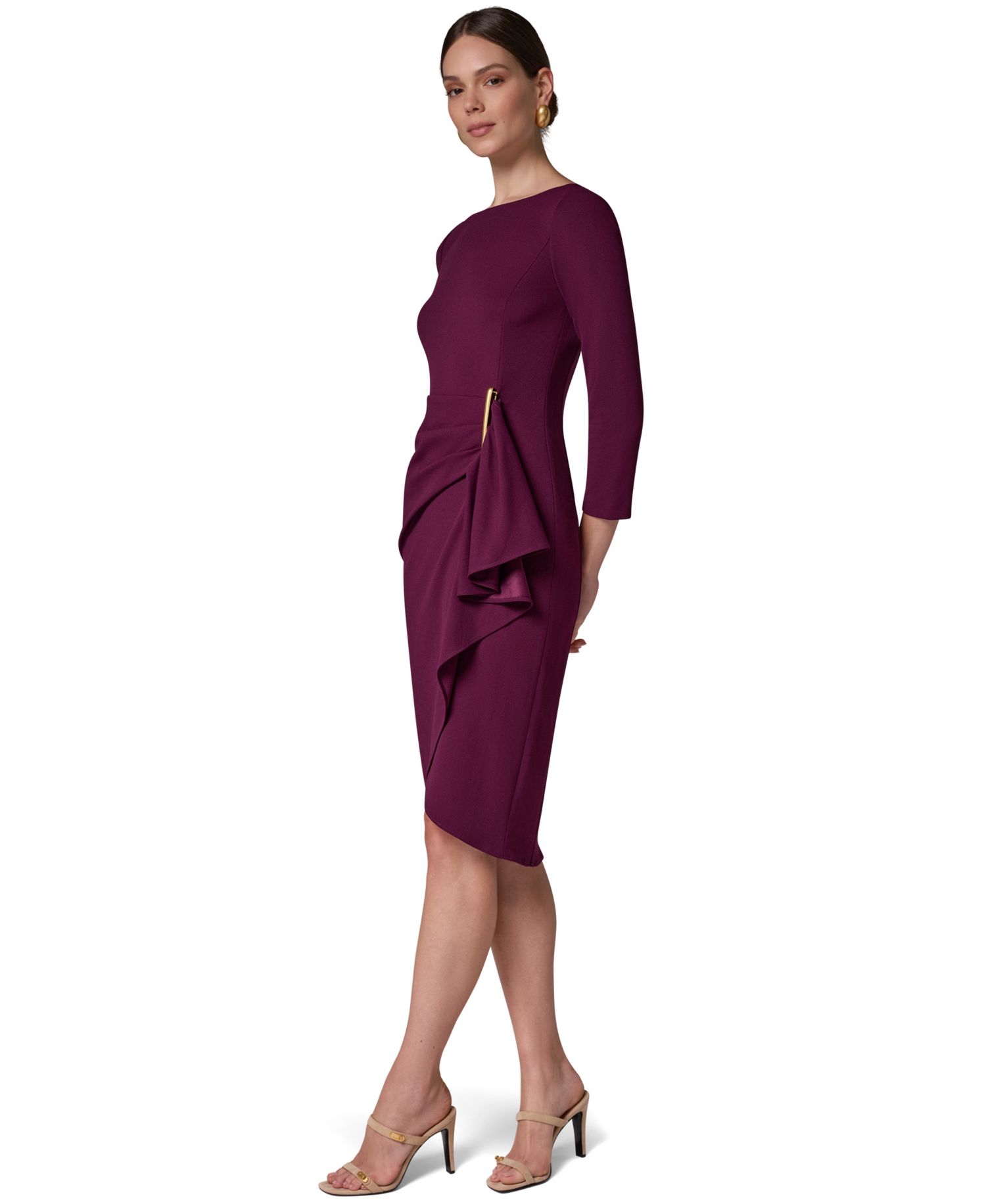 Petite Long-Sleeve Boat-Neck Side Cascade Ruffle Dress