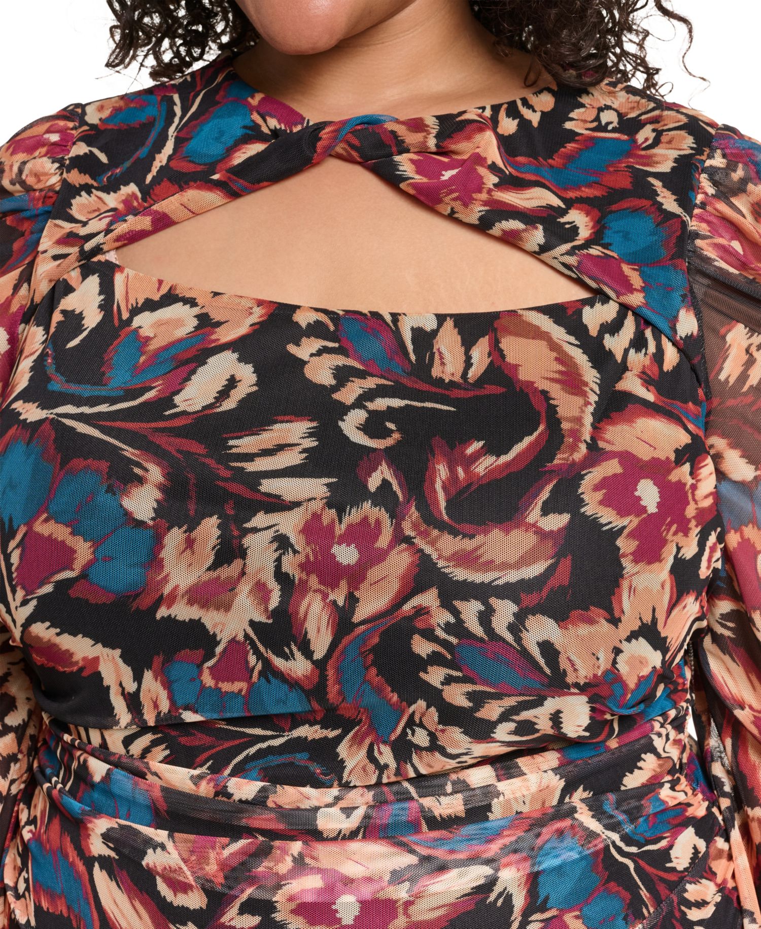 Plus Size Ptd Mesh Twist Neck Body Floral-Print Turtleneck Dress