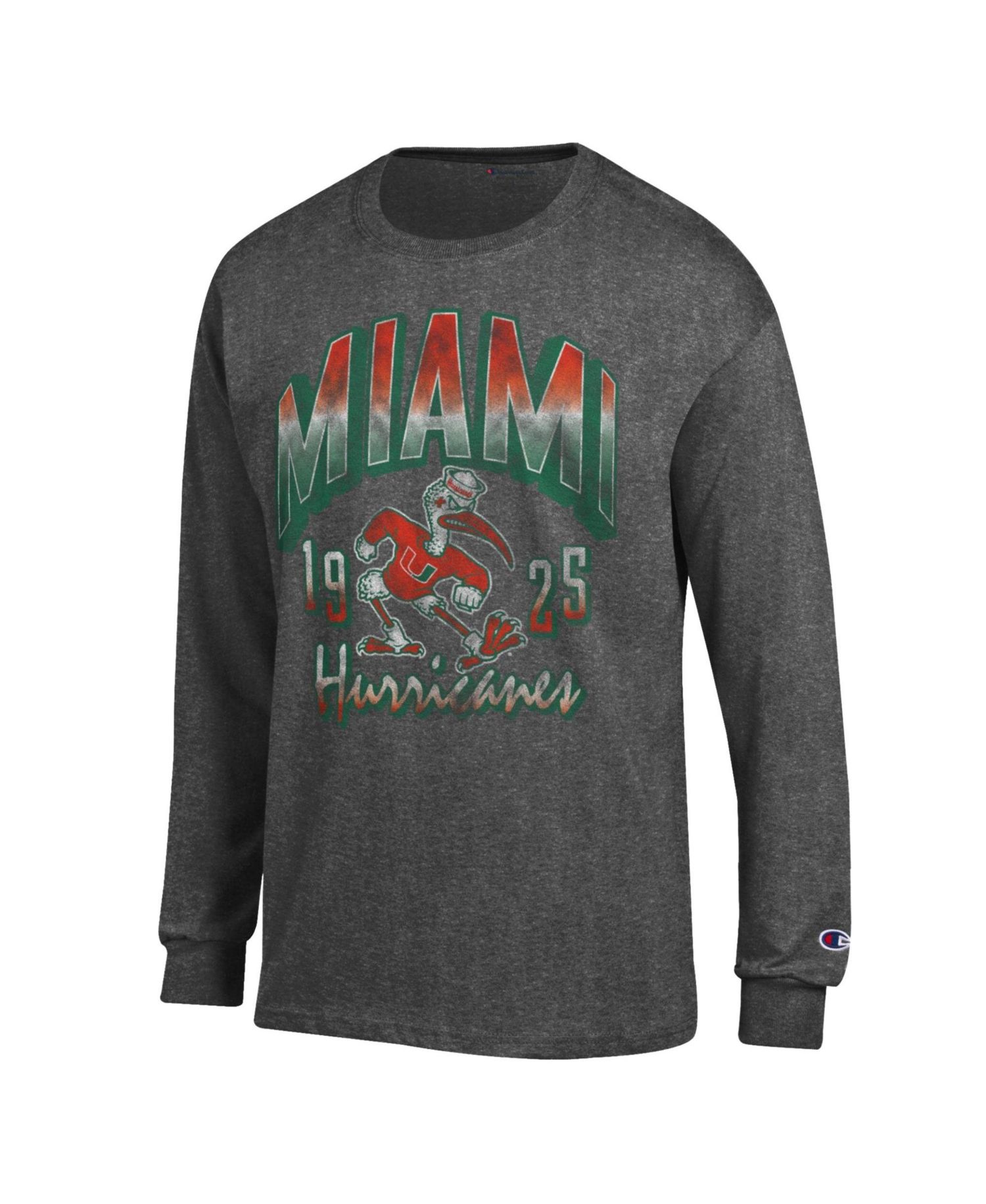 Men's Miami Hurricanes Bold Distressed Crewneck Long-Sleeve T-Shirt