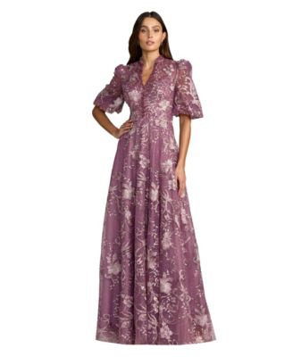Women's Embroidered Queen Anne Puff Sleeve A Line Gown