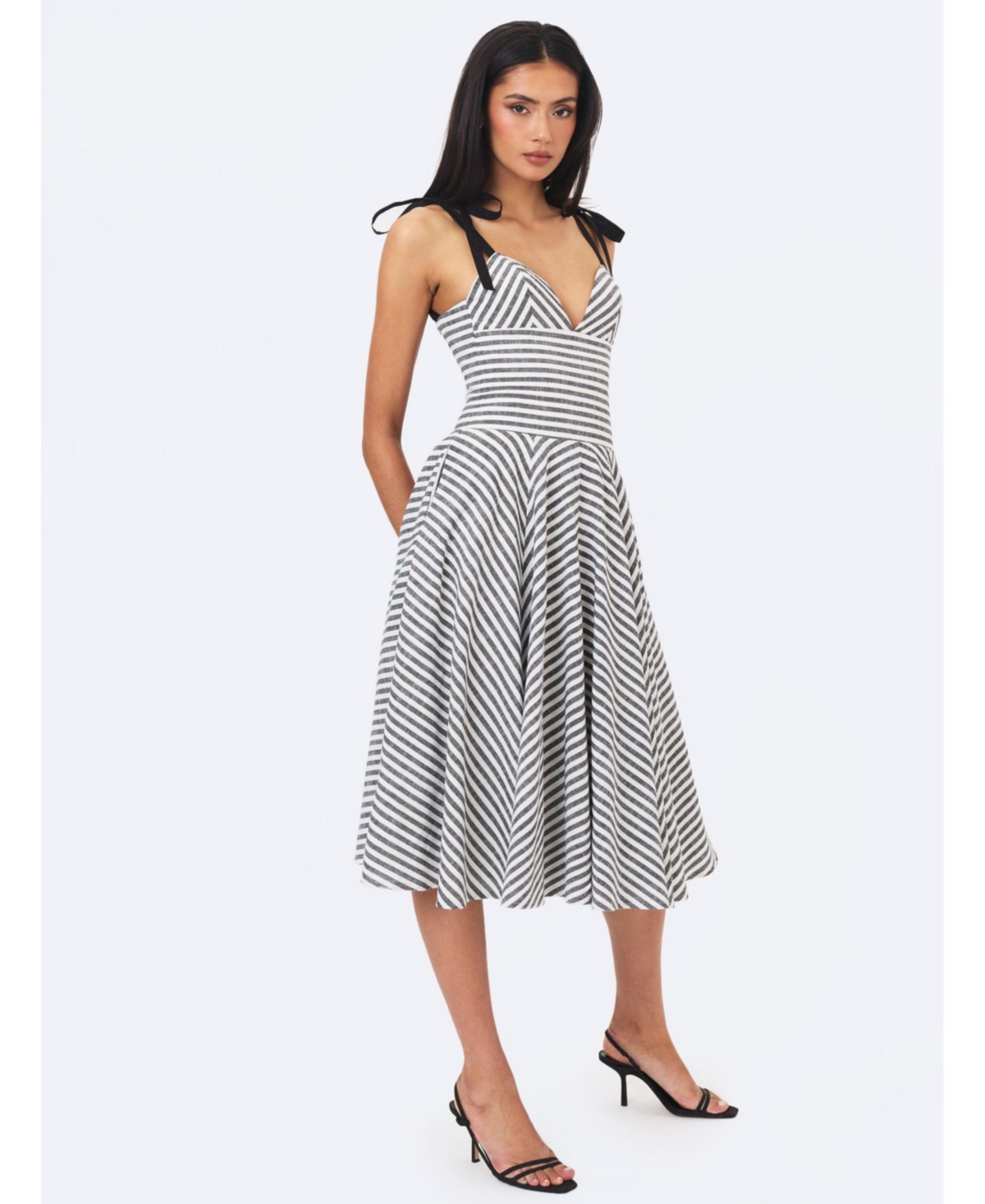 Miss Circle Women's Riley Black and White Striped Linen Flared Midi Dress