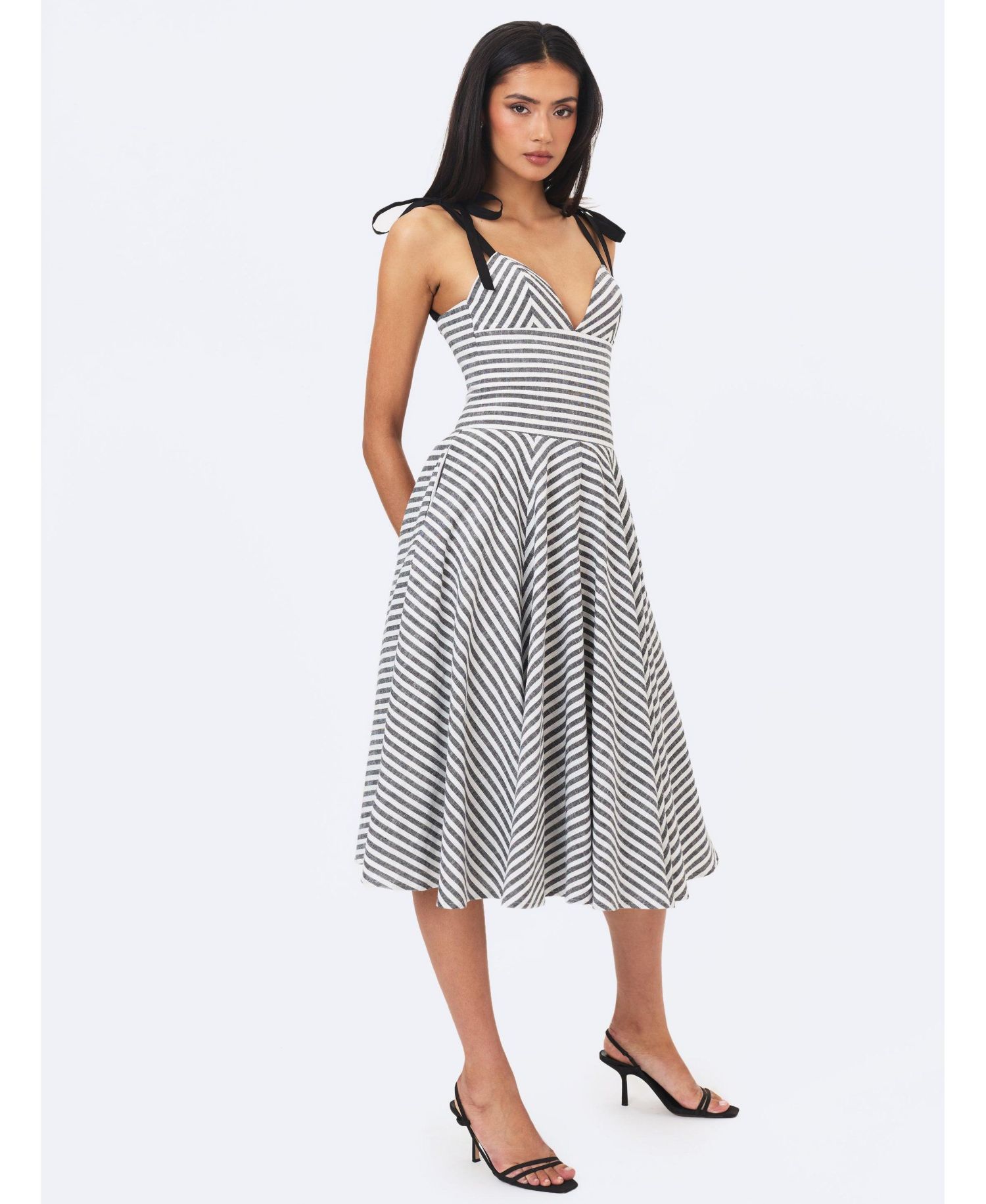 Women's Riley Striped A-Line V-Neck Cotton-Linen Blend Midi Dress