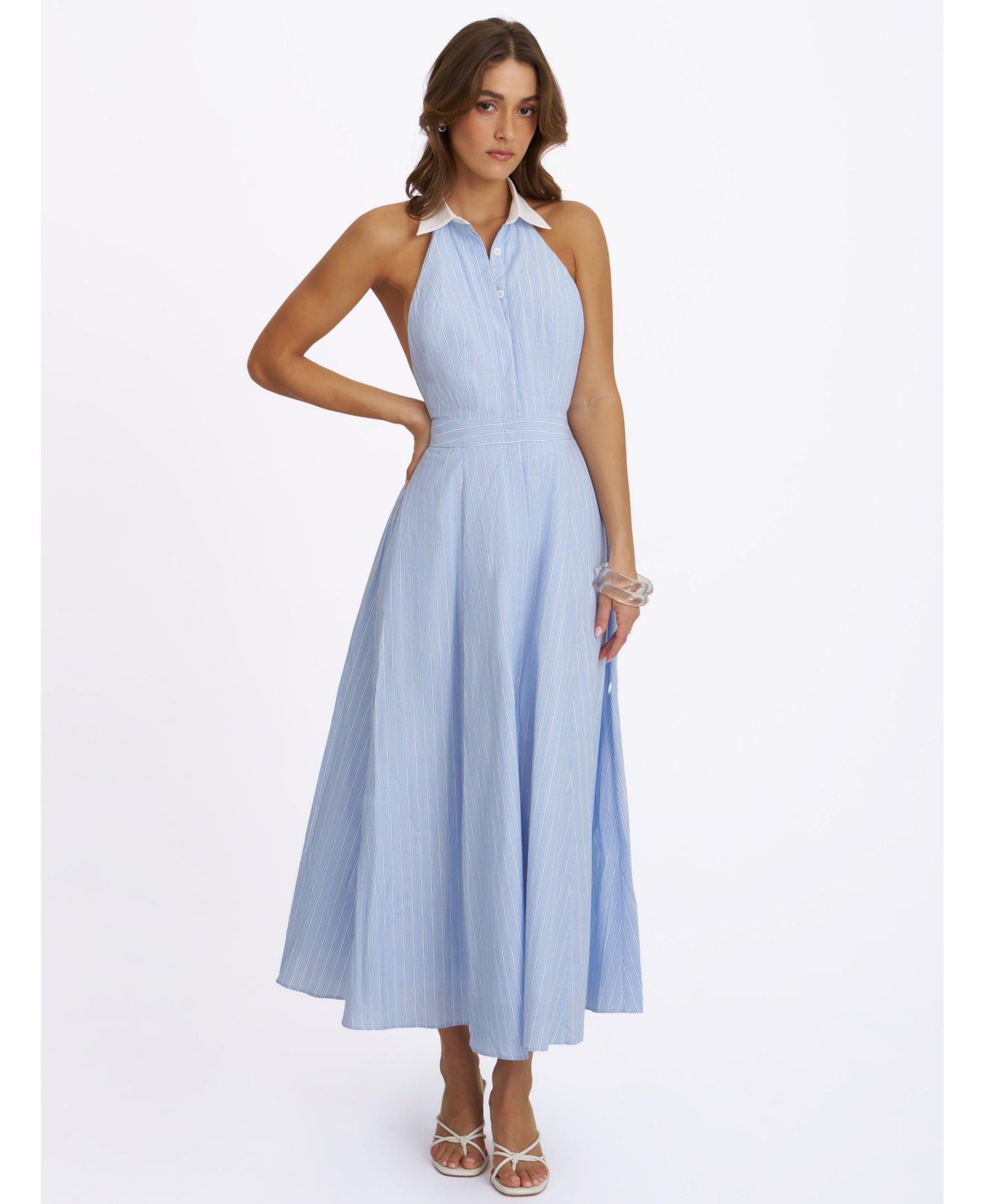 Women Winslet Sky Blue Striped Cotton Poplin Halter Maxi Dress