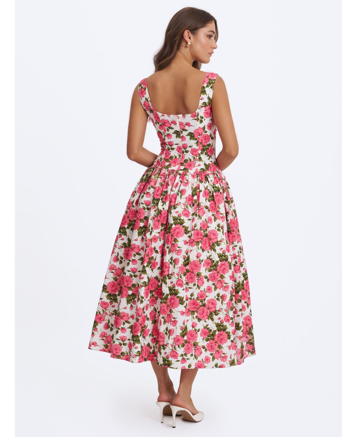 Women Wilfreda Blooming Pink Floral Linen Sweetheart Midi Dress
