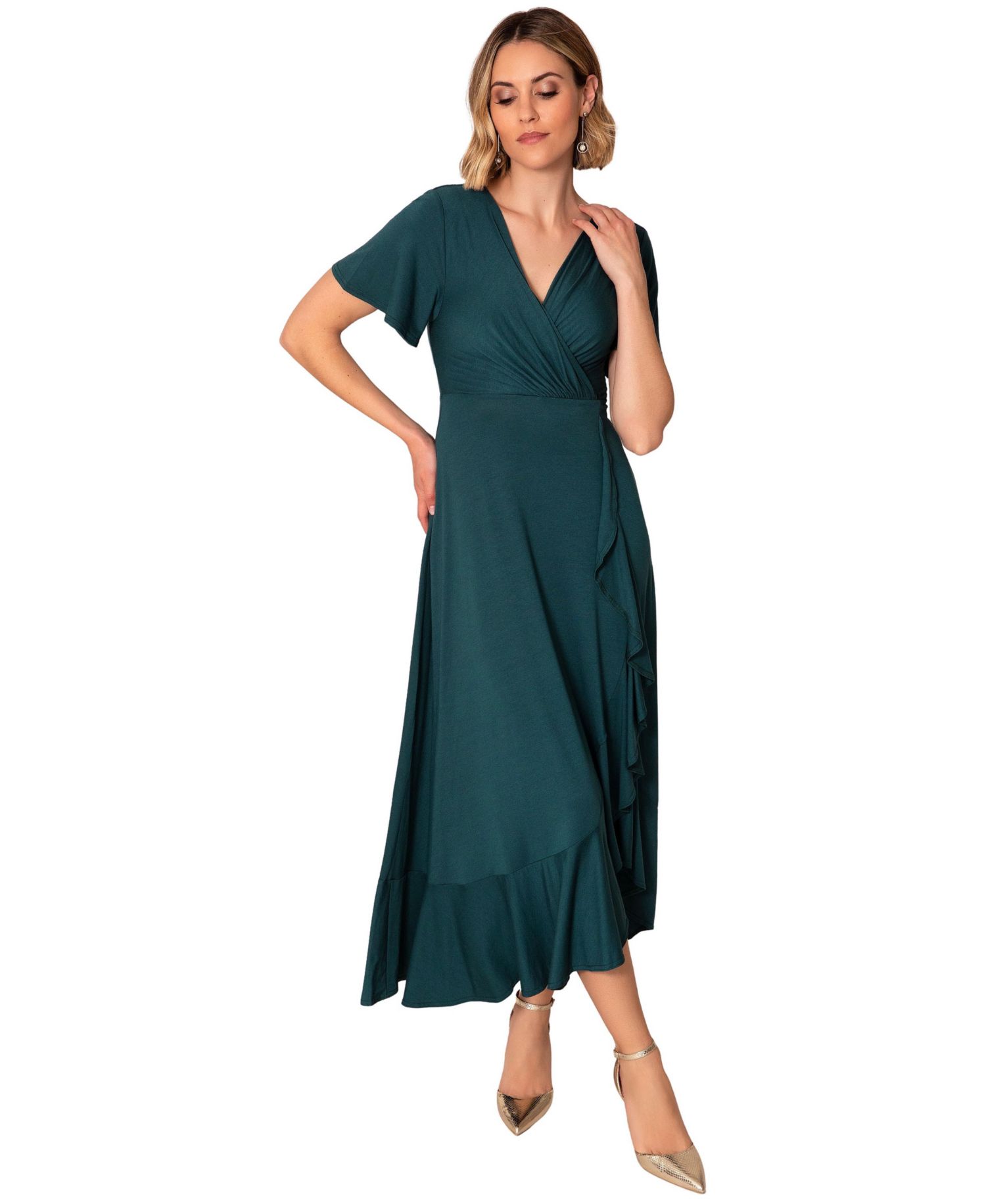 Petite Waterfall Ruffle Wrap V-Neck Short-Sleeve Midi Dress