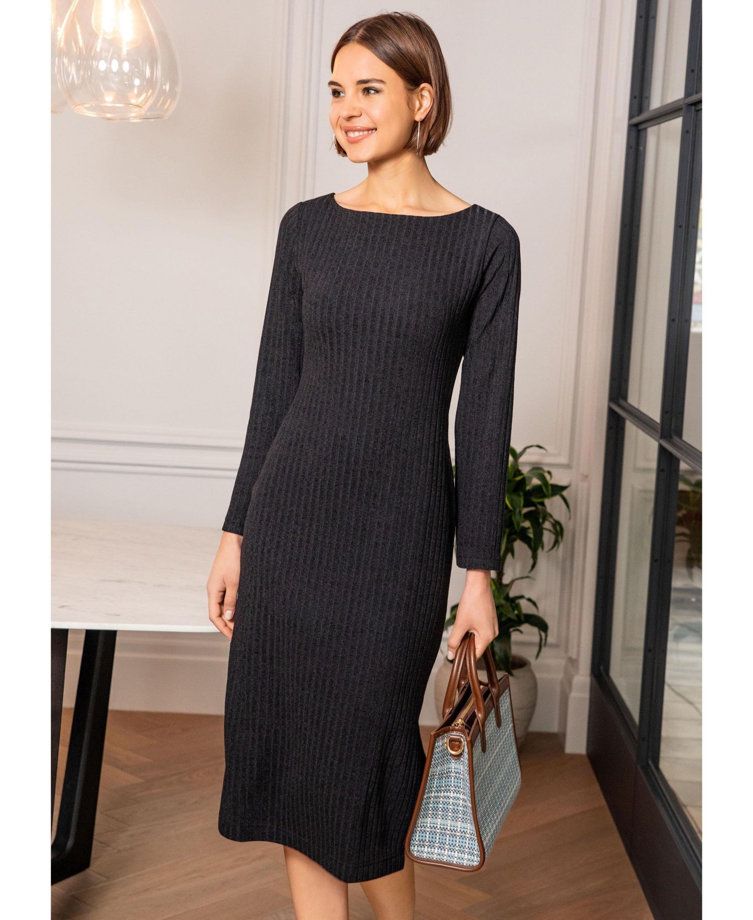 Women's Ribbed Long-Sleeve Boat-Neck Midi Dress