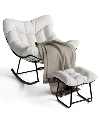 Oversized Patio Papasan Egg Rocking Chair Set with Ottoman - Heavy-Duty UV-Resistant PE Wicker and Sturdy Metal Frame