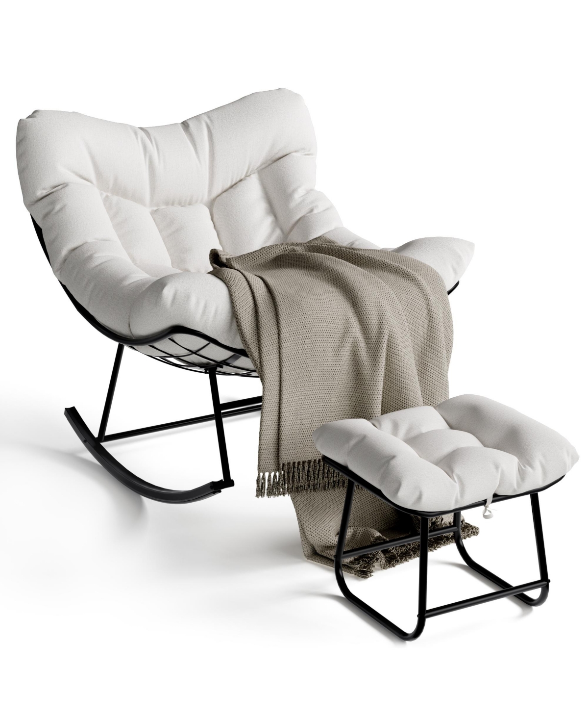 homfan Oversized Patio Papasan Egg Rocking Chair Set with Ottoman - Heavy-Duty Uv-Resistant Pe Wicker and Sturdy Metal Frame - White
