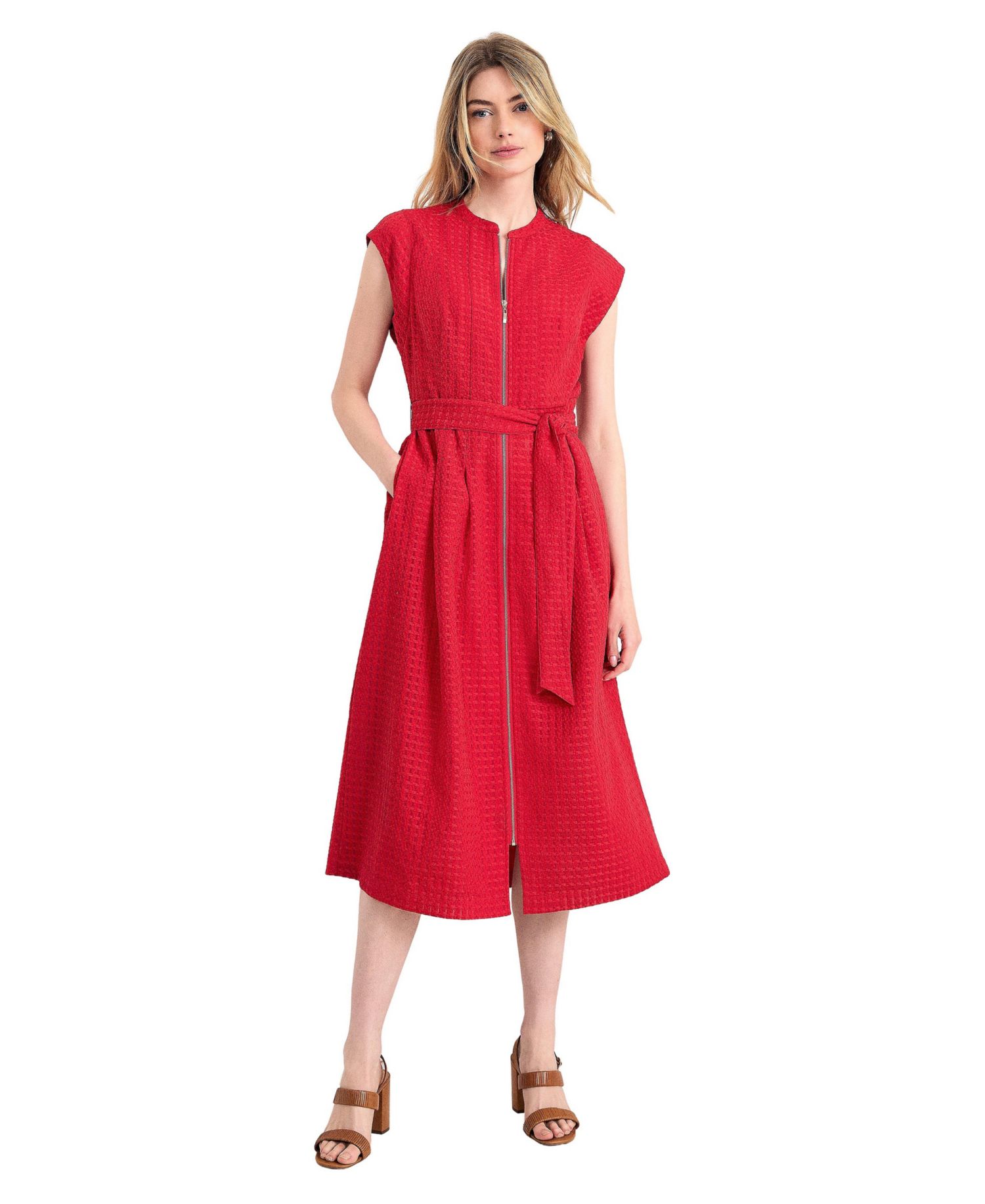 Women's Elvira Zip-Front Textured Midi Dress with Pockets