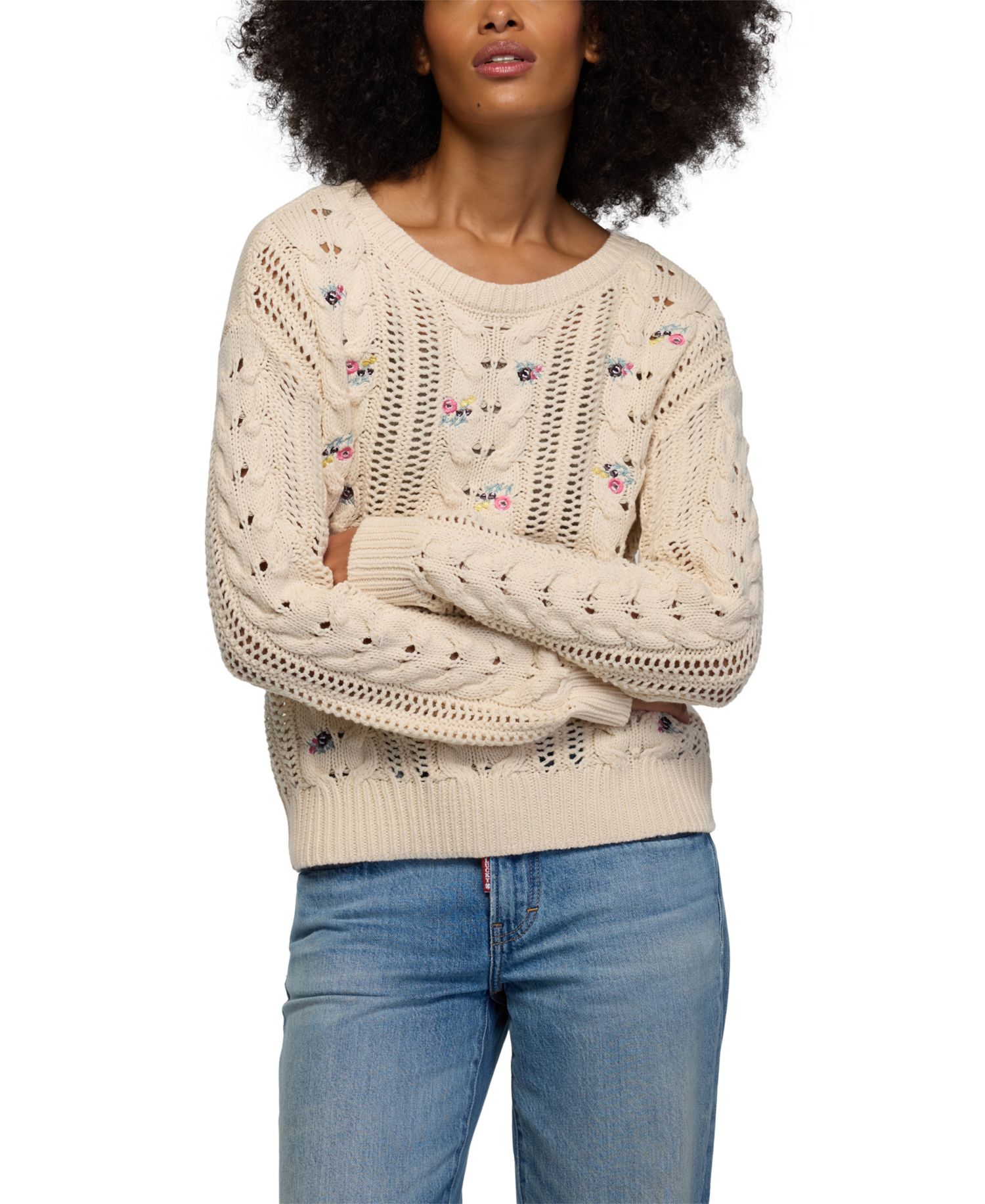 Women's Floral-Embroidered Cable-Knit Crewneck Sweater