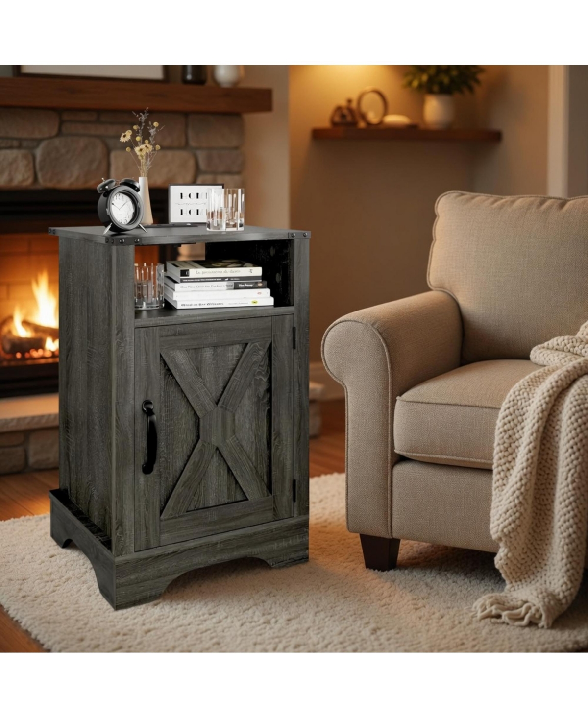 Flynama 16" Farmhouse Nightstand with Charger