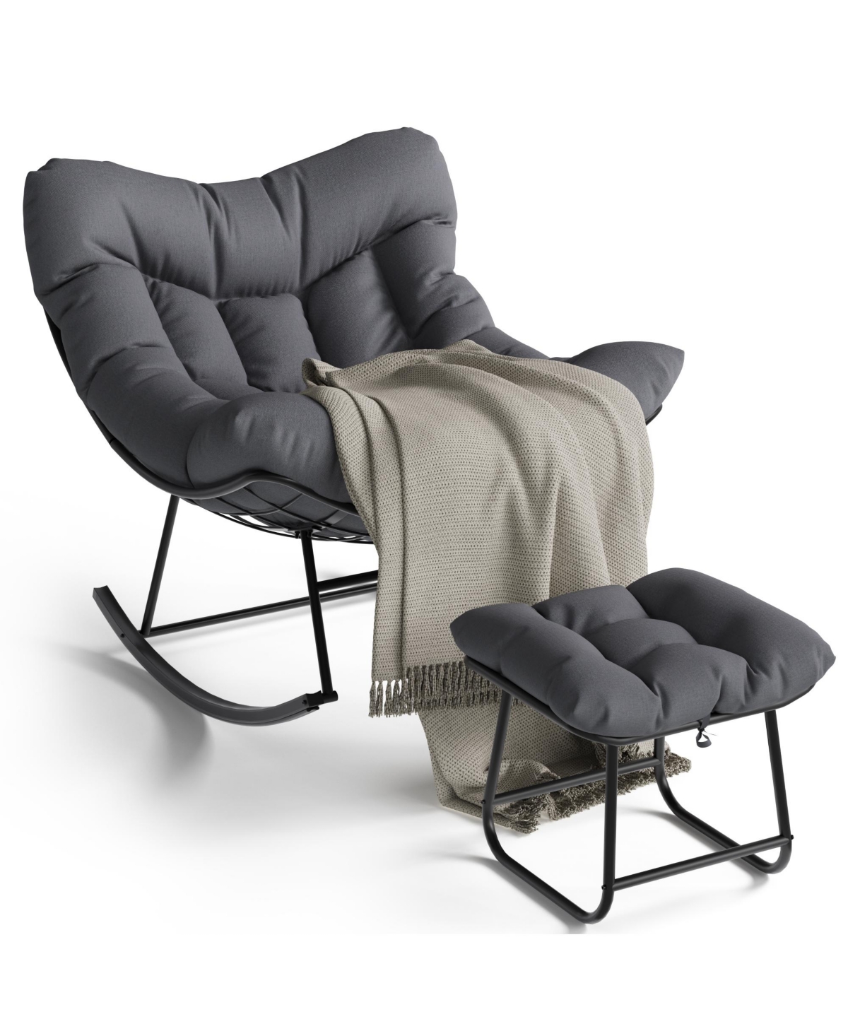 homfan Oversized Patio Papasan Egg Rocking Chair Set with Ottoman - Heavy-Duty Uv-Resistant Pe Wicker and Sturdy Metal Frame