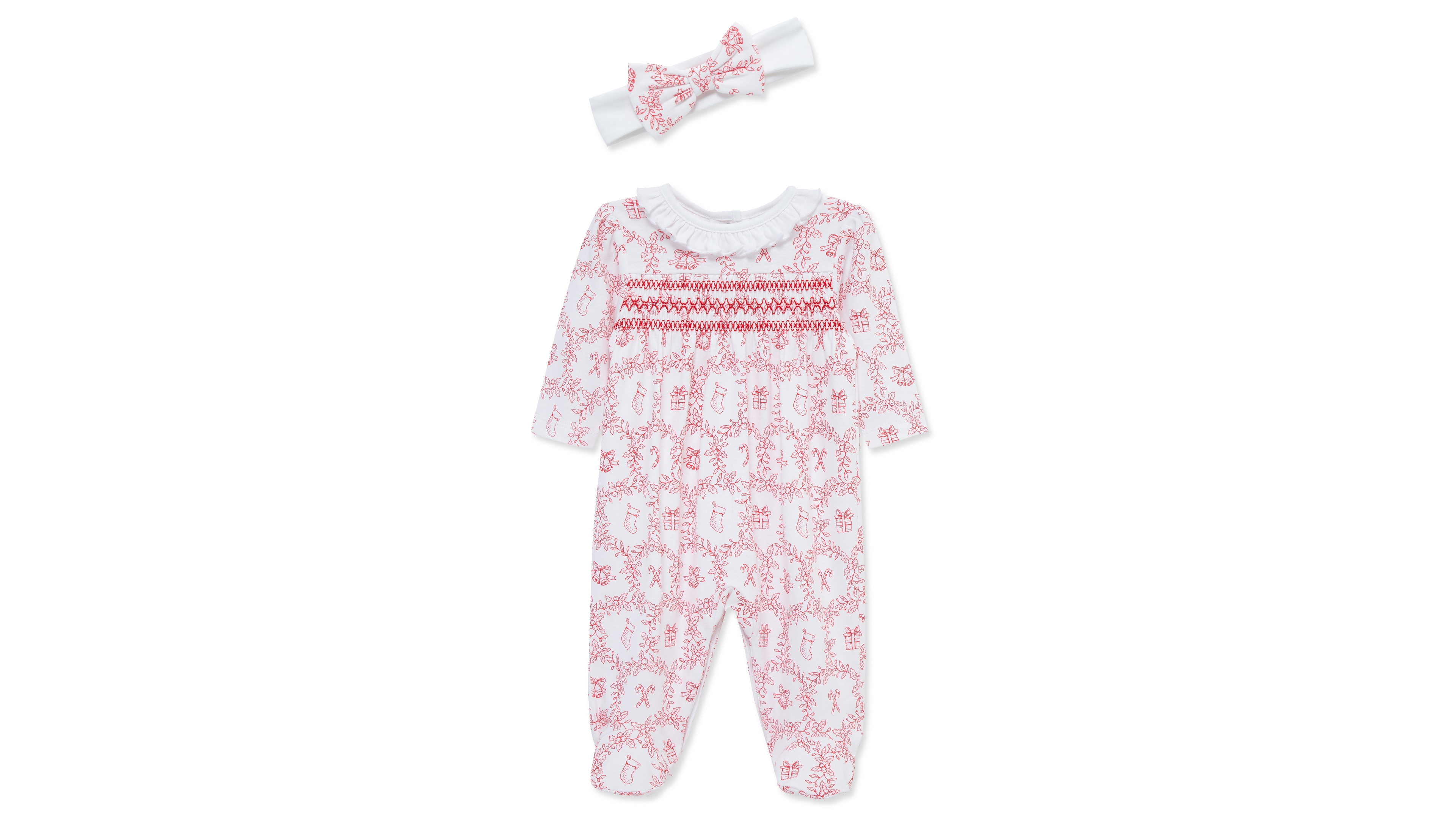 Little Me Baby Girls' Festive Toile Print Footed Coveralls and Headband, 2-Piece Set