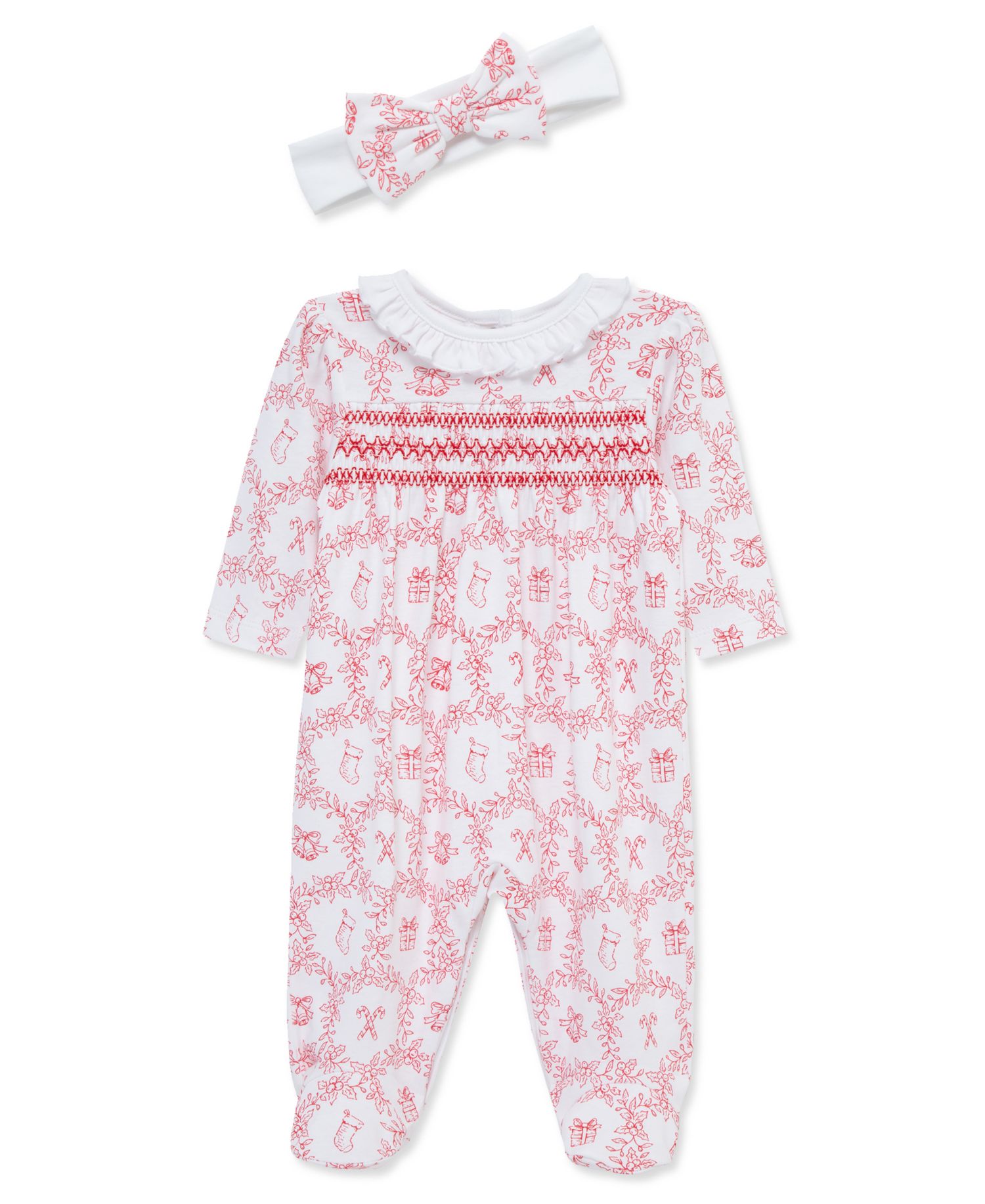 Baby Girls' Festive Toile Print Footed Coveralls and Headband, 2-Piece Set
