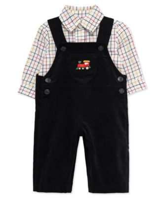 Baby Boys' Train Embroidered Overalls and Plaid Shirt, 2-Piece Set