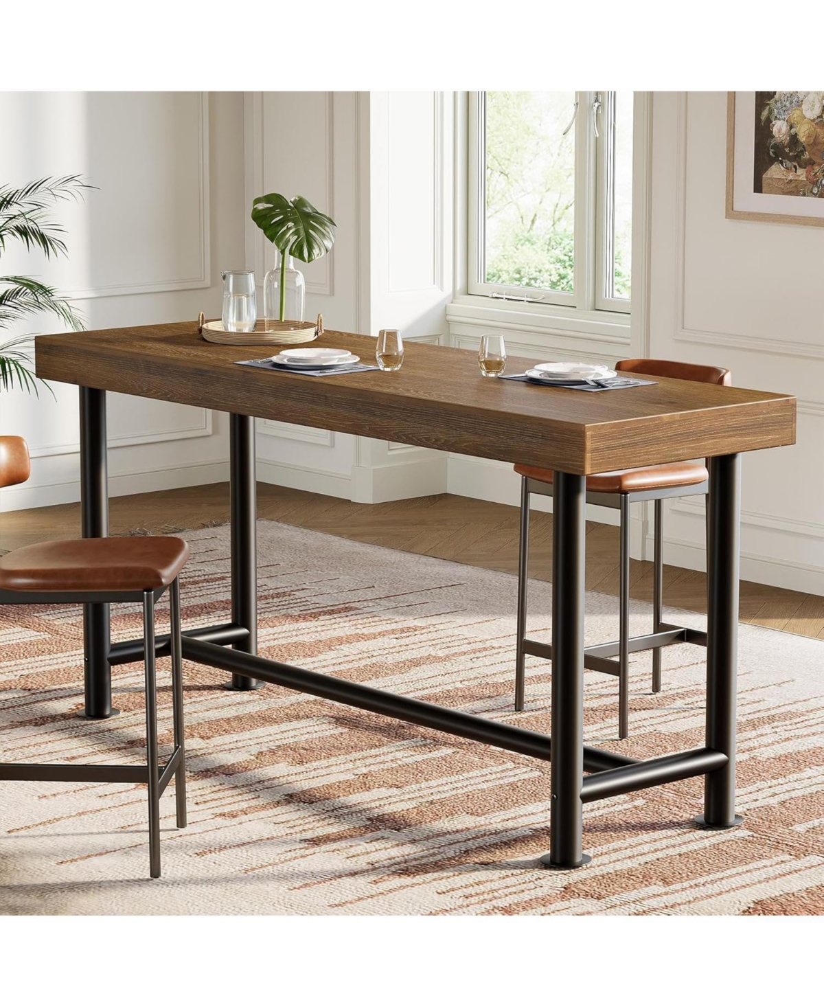 Tribesigns 63" Solid Wood Bar Table Counter height pub table with metal legs Breakfast bar unit for kitchen, living room, bistro Easy assembly