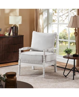 Mid Century Spindle Accent Chair for Living Room Linen Upholstered Armchair with Thick Cushion and Wood Frame