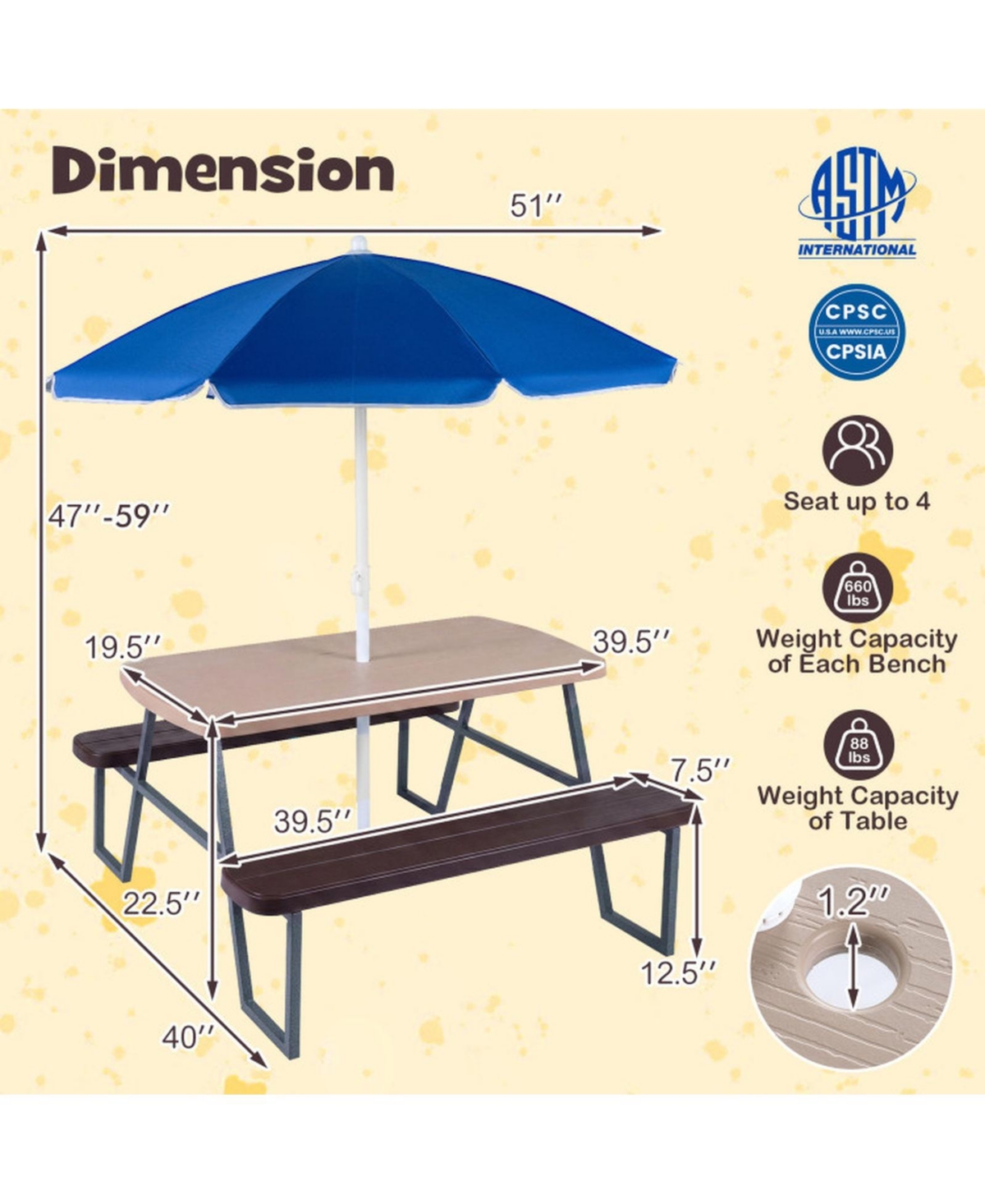 Sugift Kids Picnic Table Set for 4 with Removable Umbrella and Hdpe Tabletop
