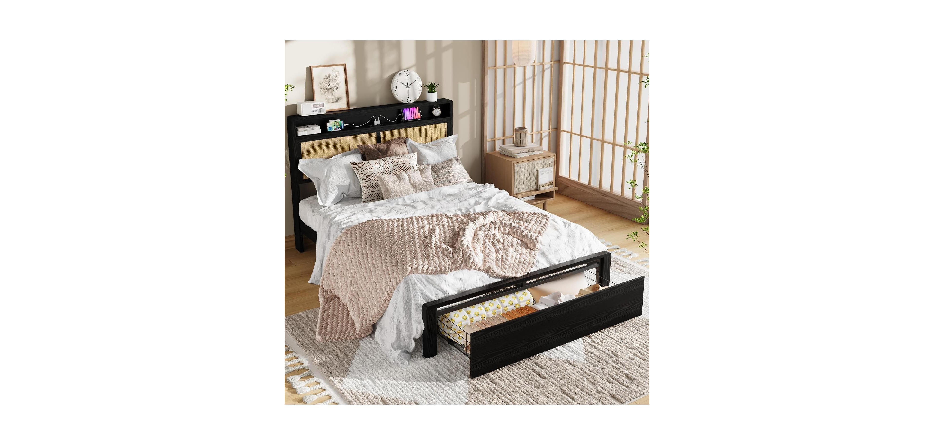 gaomon Rattan Bed Frame with Storage Drawer and Led Lights, Platform Charging Station, Headboard Shelf, Cane Panels