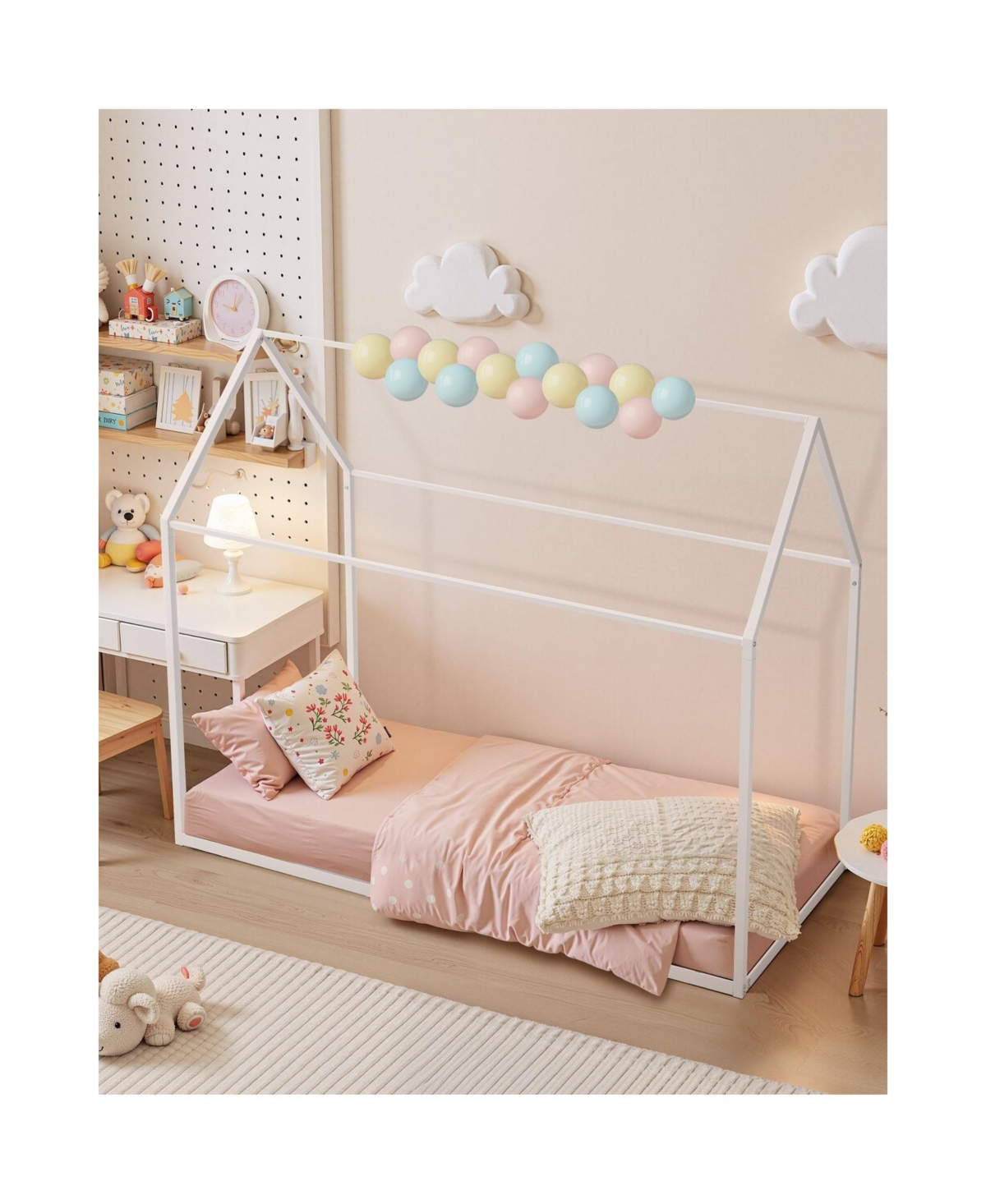 Sugift Twin Size Metal House Bed Frame with Steel Slat Support and Canopy Roof for Kids