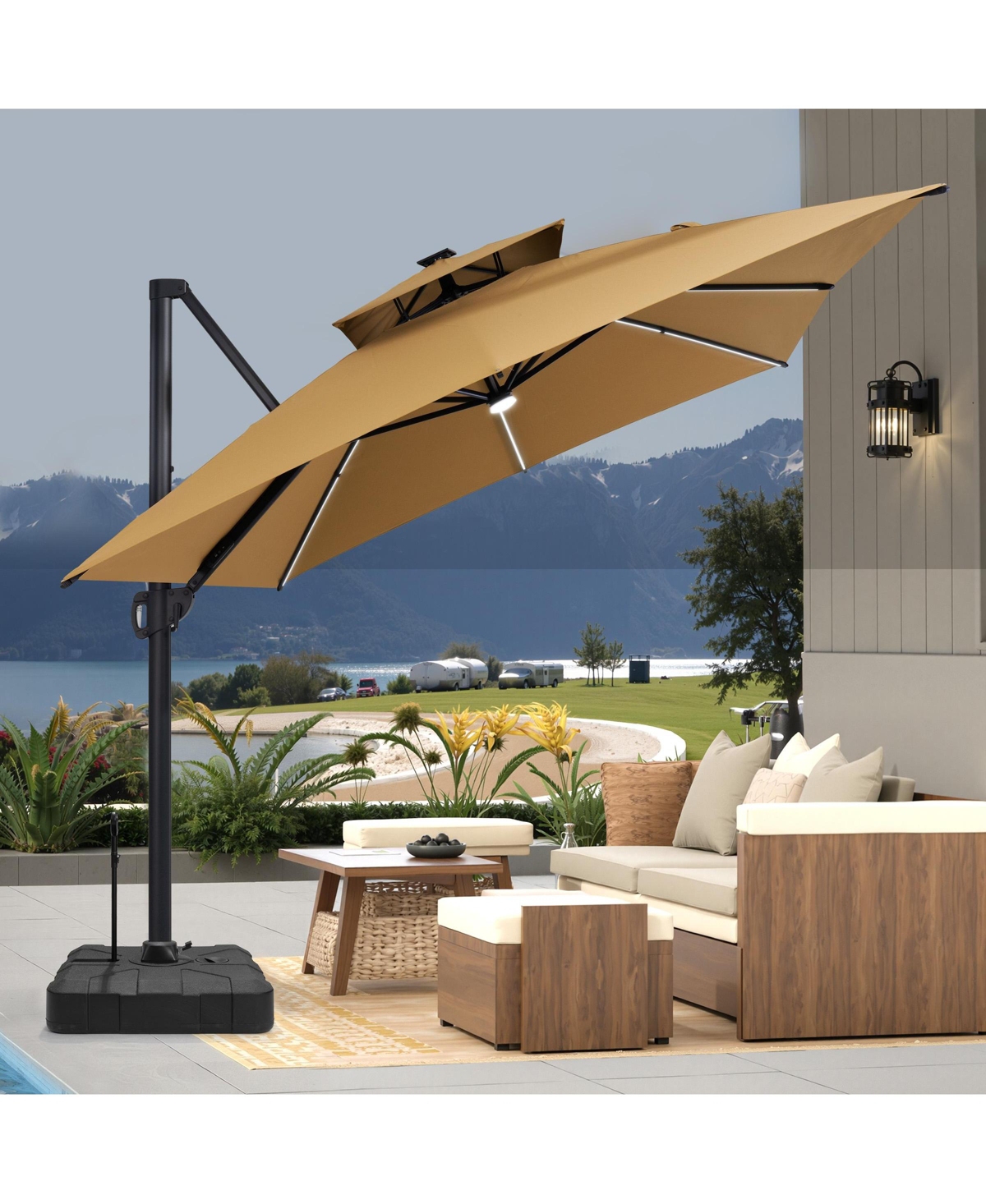 Pellebant Rectangular Solar Powered Led Patio Umbrella Offset Cantilever Umbrella with 350-lb Base