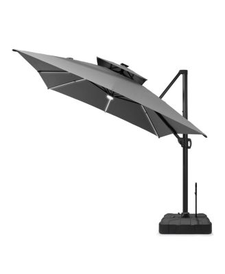 Rectangular Solar Powered LED Patio Umbrella Offset Cantilever Umbrella with 350-lb Base