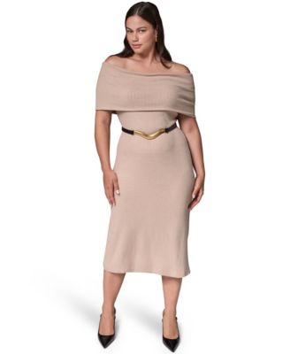 Plus Size Off-the-Shoulder Short-Sleeve Belted Sweater Knit Midi Dress
