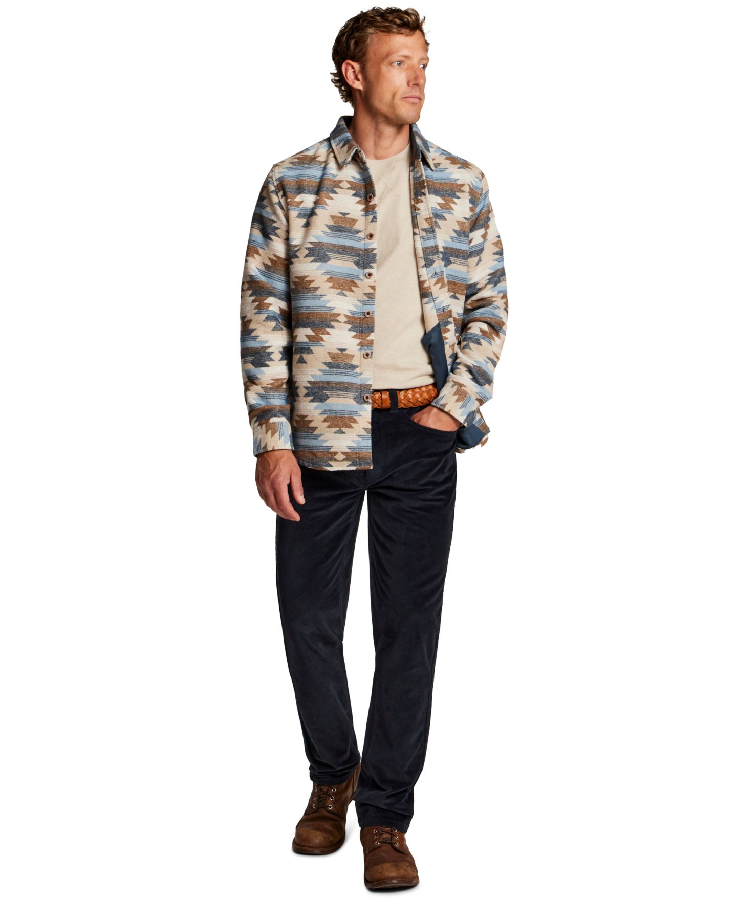 Мужские комплекты Weatherproof Vintage Microstripe Crewneck T-Shirt, Superfine Corduroy Pants and Unlined Southwest Shirt Jacket, цвет: Зелёный — фото 1