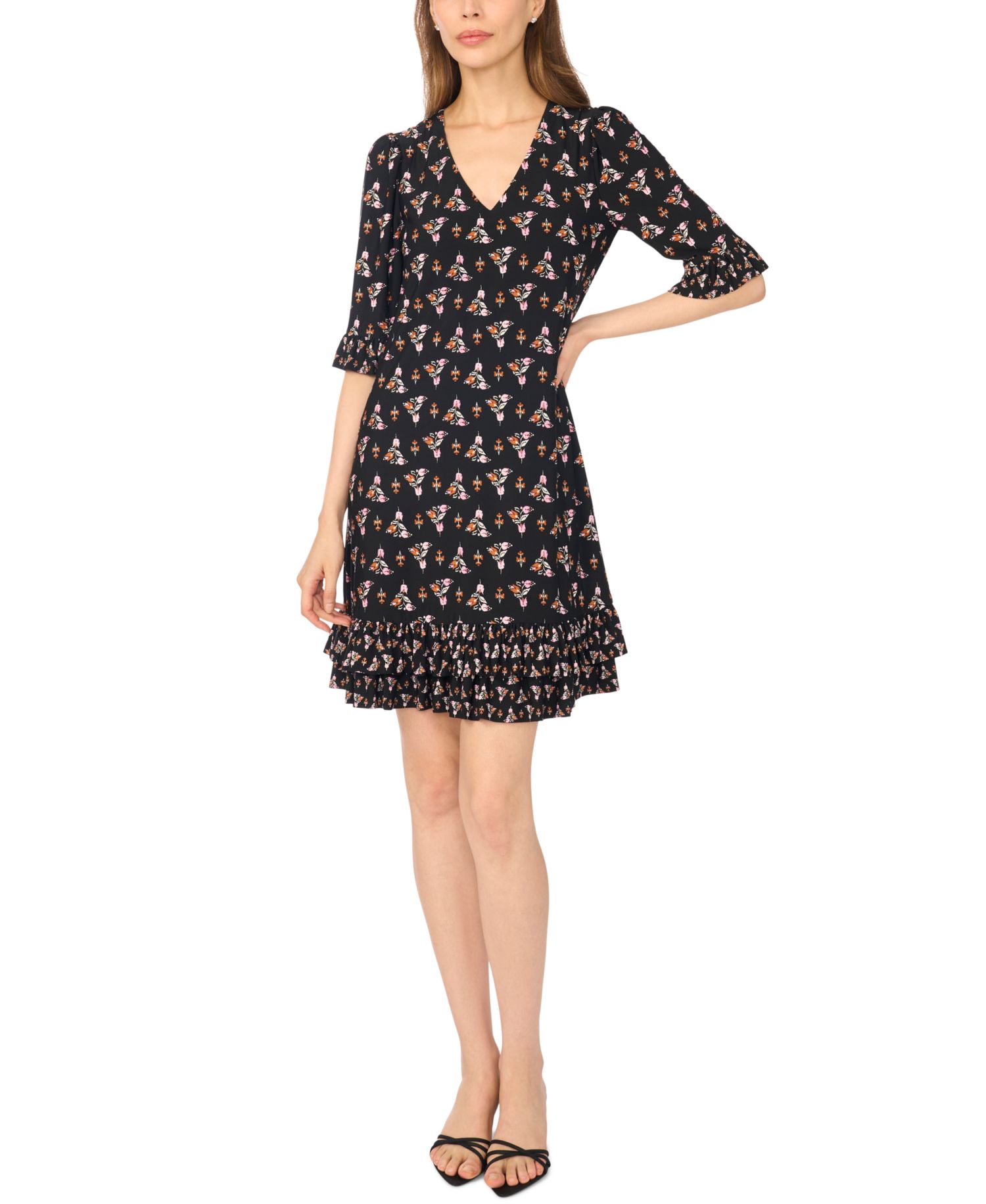 Women's Ruffle-Hem V-Neck 3/4-Sleeve Dress