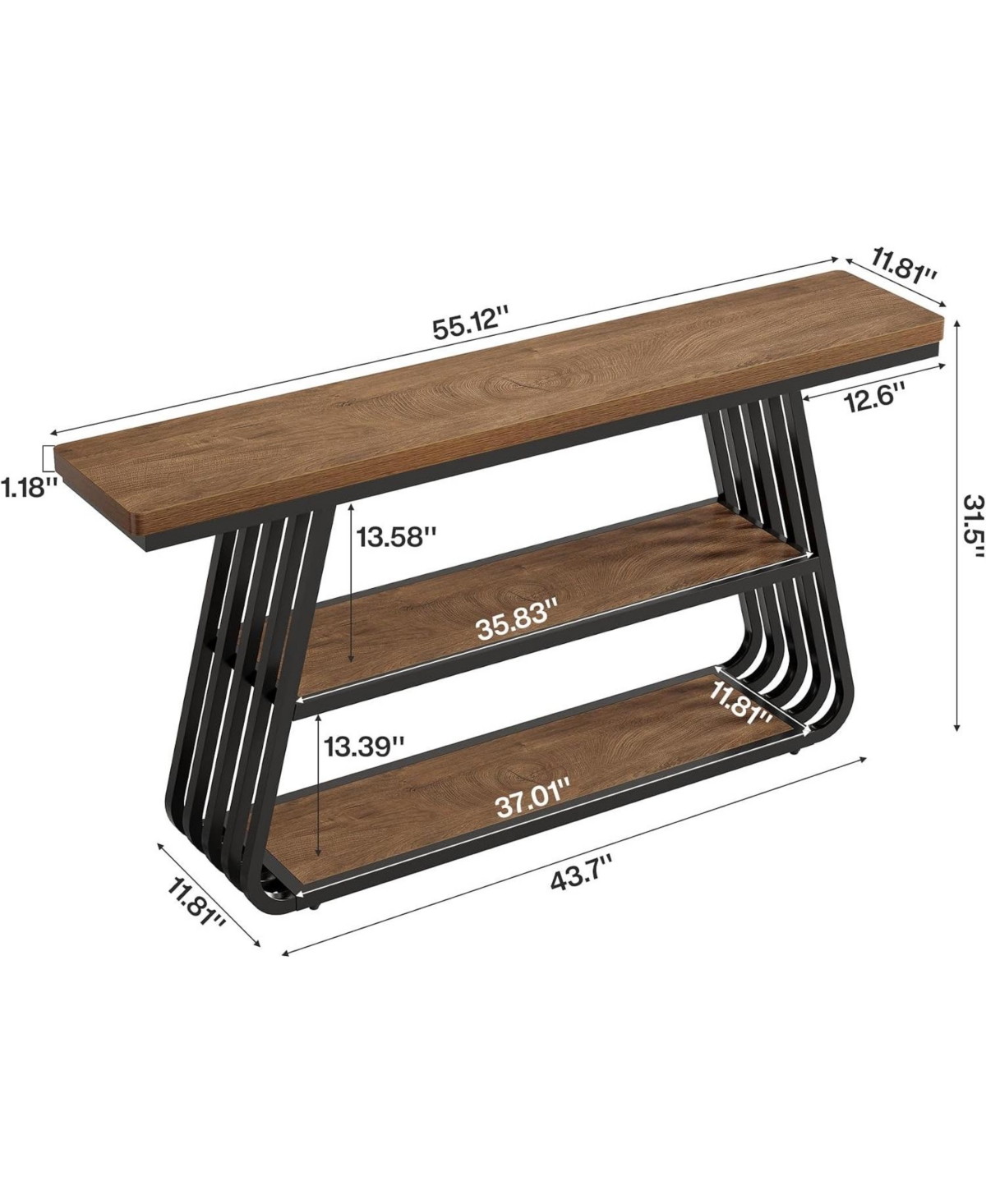 Tribesigns 55" Entryway Table with Shelves 3-Tier Console Table With Iron Frame Wooden Entry Table For Living Room,Foyer,Hallway.Industrial Style