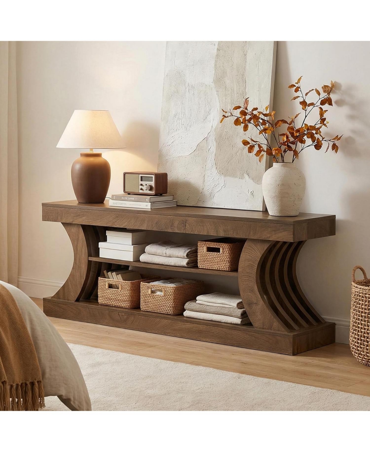 Tribesigns 63-Inch Farmhouse Entryway Console Table with Storage, Tv Console with Curved Design for Living Room, Bedroom