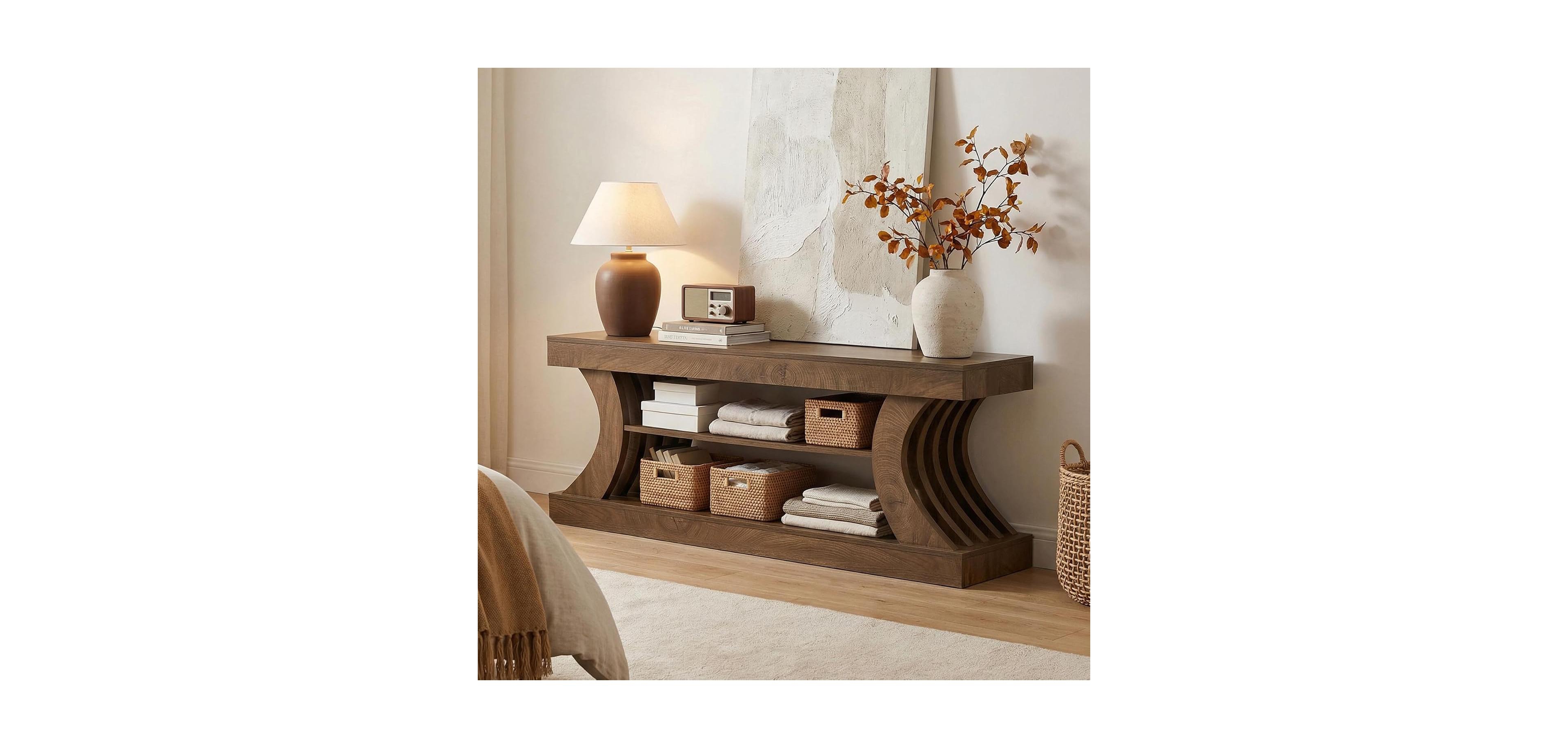 Tribesigns 63-Inch Farmhouse Entryway Console Table with Storage, Tv Console with Curved Design for Living Room, Bedroom