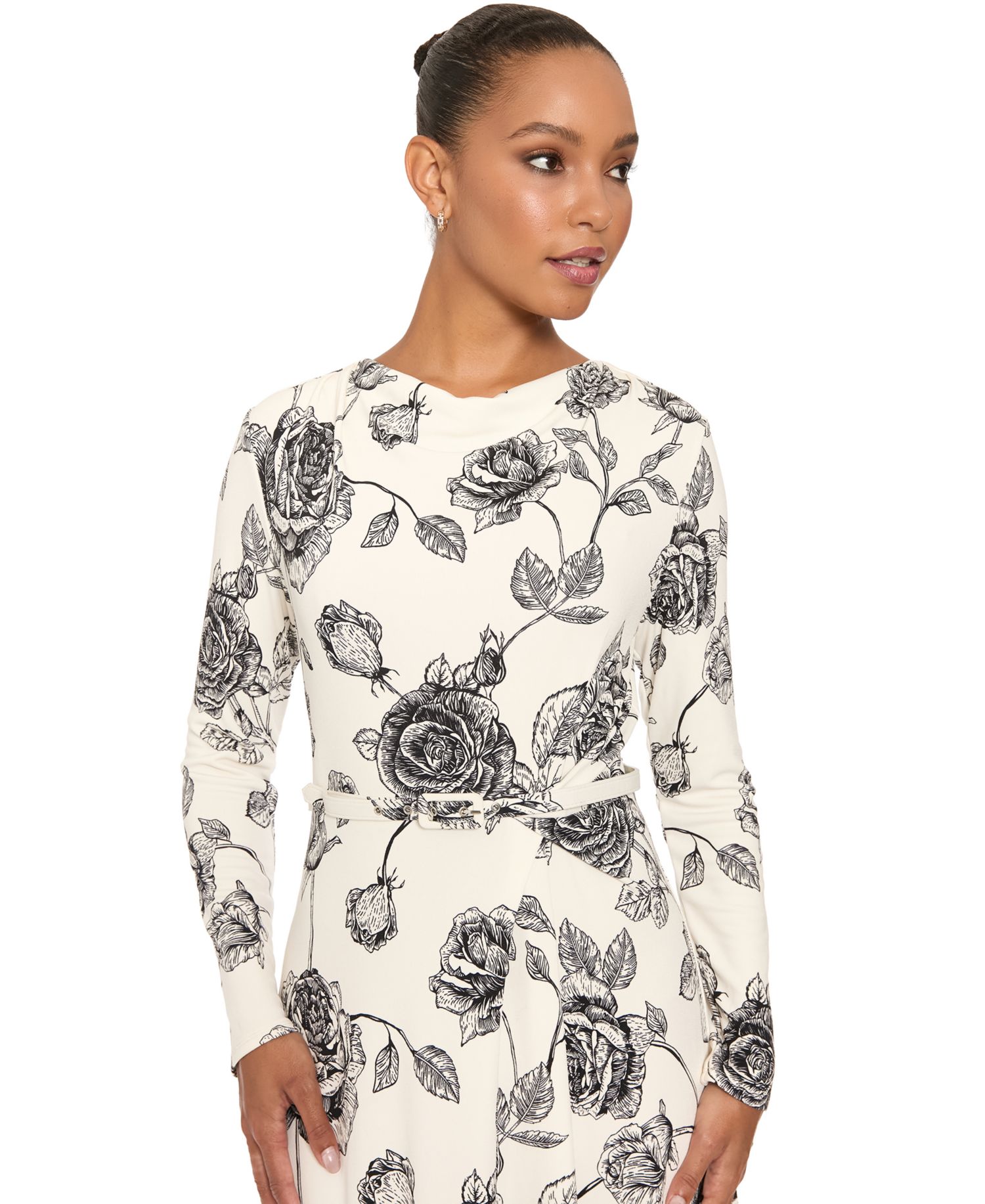 Women's Floral-Print Long-Sleeve Cowl Neck Midi Dress