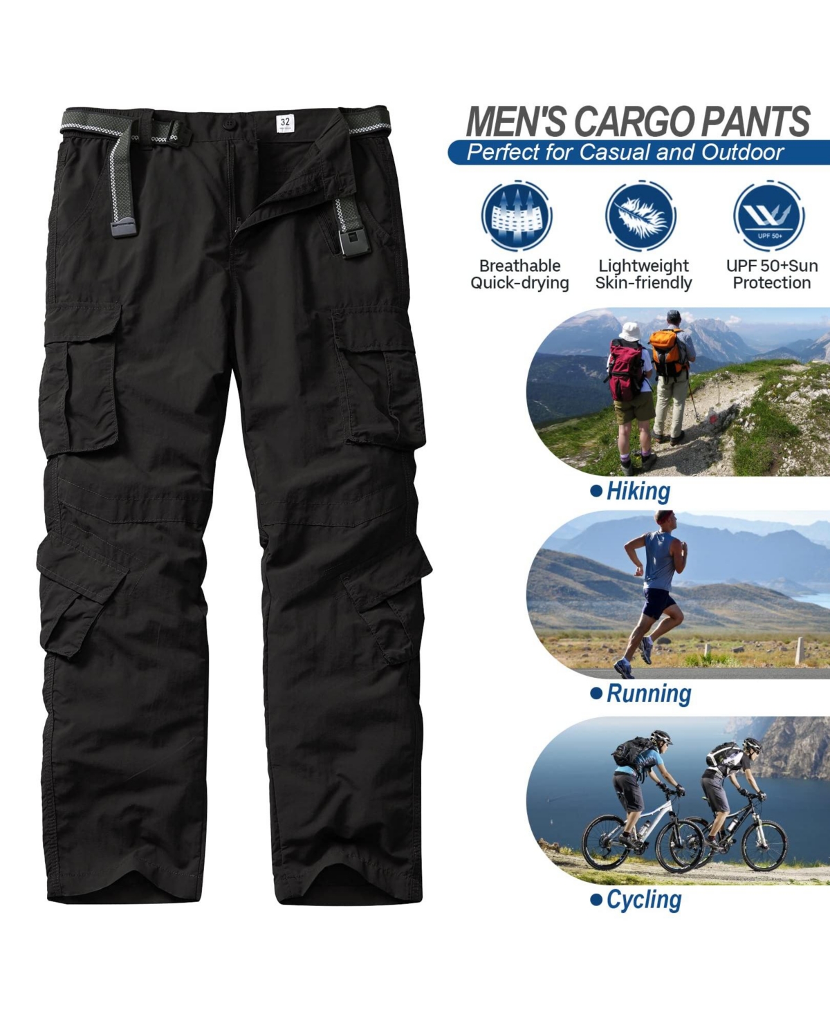 Piscifun Men's Hiking Cargo Pants Outdoor Casual Stretchy Upf 50 Water Resistant 8 Pockets