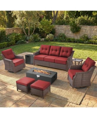 Outdoor Furniture With 6-Inch Extra Thick Cushions, Patio Furniture Set With Fire Pit Table and Swivel Chairs, 8Piece Wicker Conversation Set
