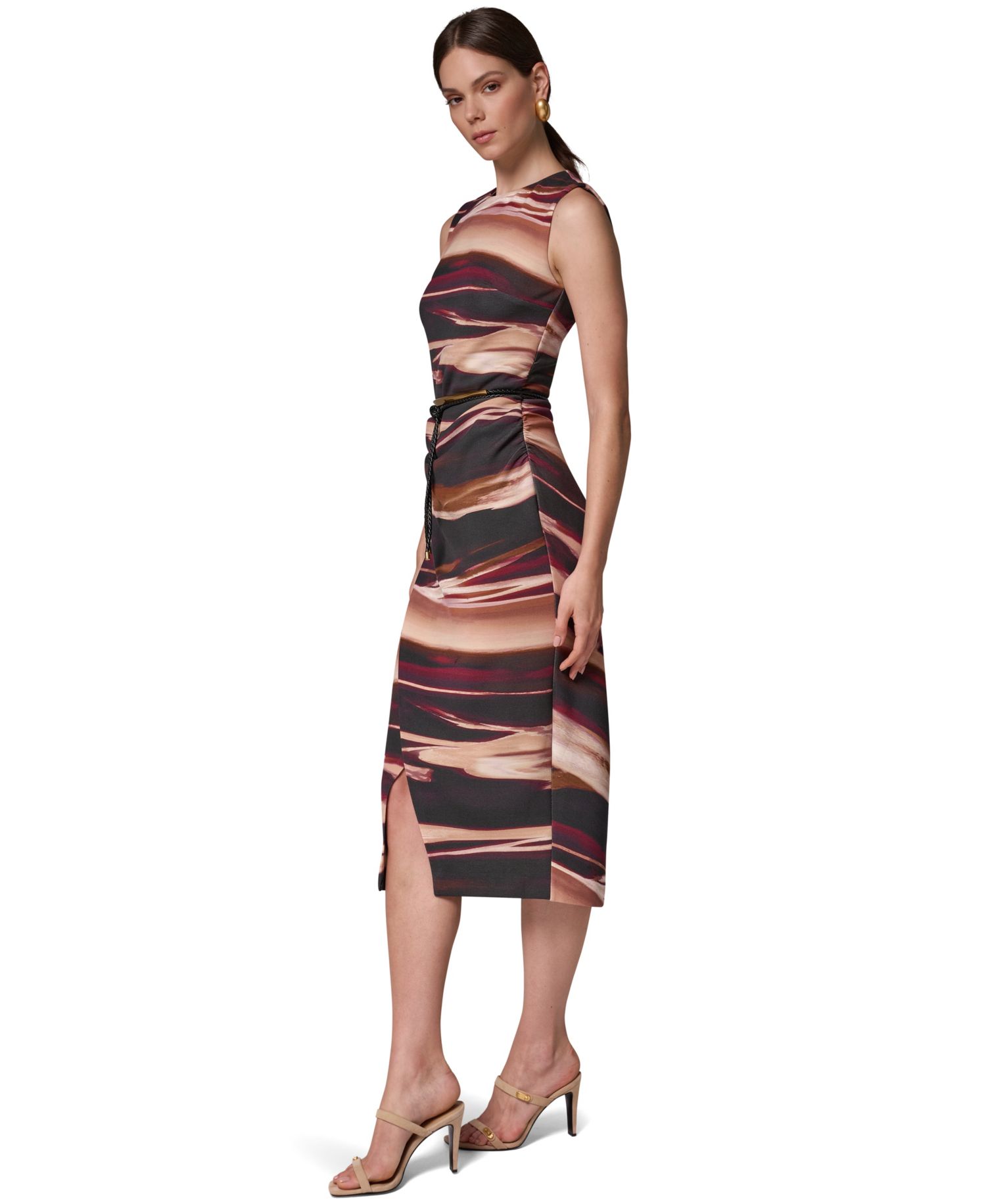 Women's Sleeveless Printed Midi Sheath Dress with Belt