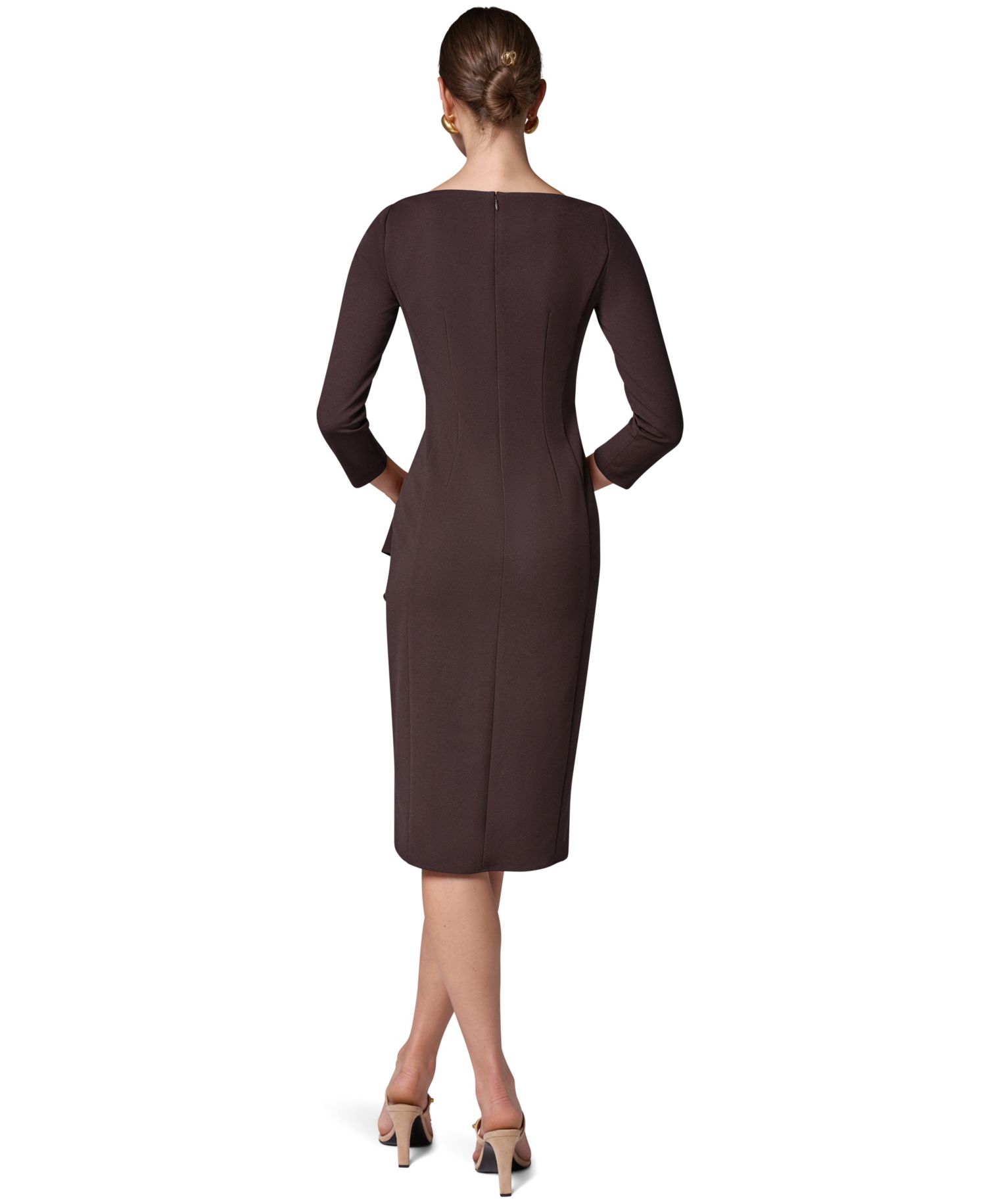 Petite Long-Sleeve Boat-Neck Side Cascade Ruffle Dress