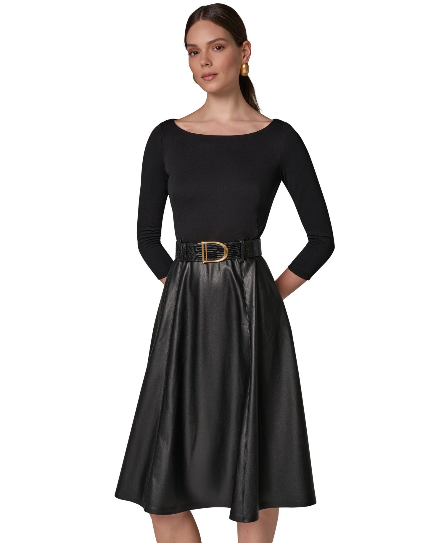 Women's Boat Neck Mixed Media Belted Fit & Flare Dress