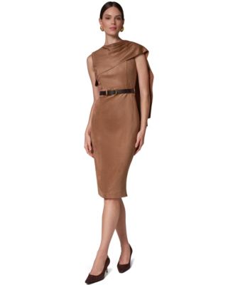 Women's Suede Draped Shoulder Panel Belted Midi Dress