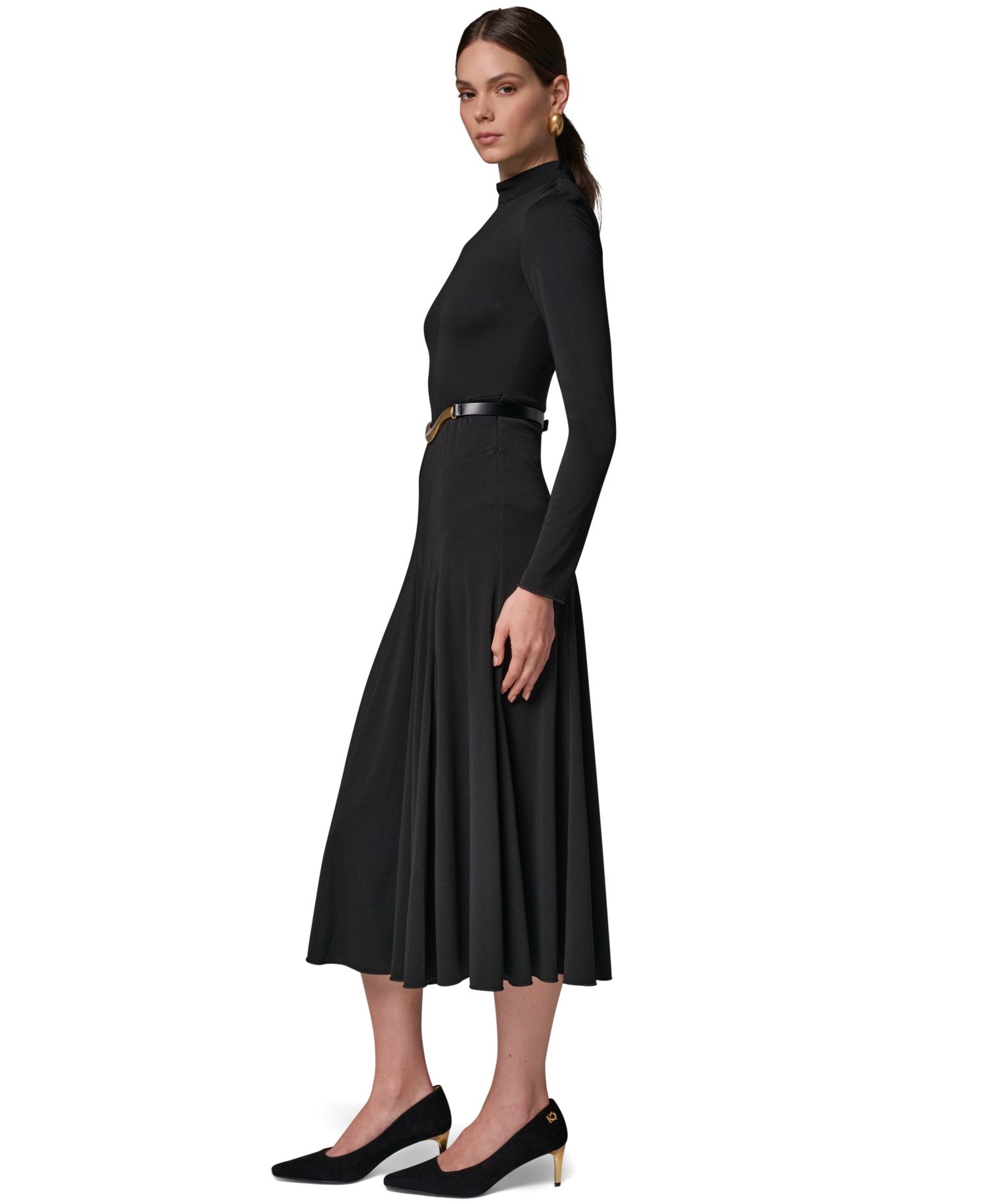 Women's Long Sleeve Mock Neck Pleated Maxi Dress with Belt