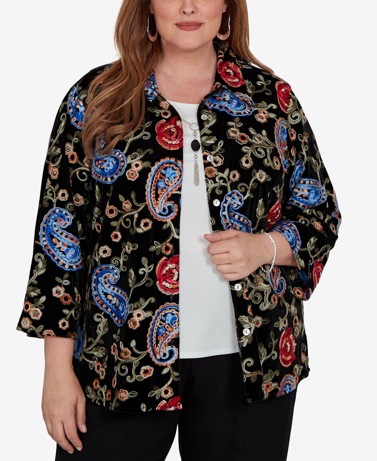 Plus Size Collared 3/4-Sleeve Velvet Top