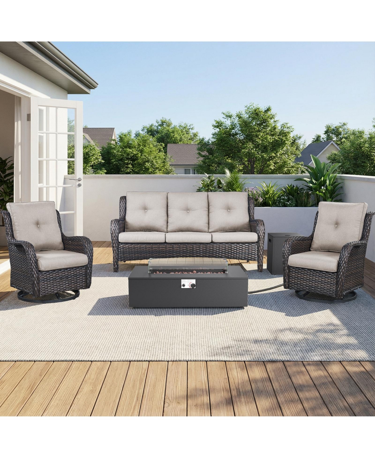 Pocassy 5 Pieces Outdoor Patio Furniture Set with Fire Pit Table Kits, Rattan Wicker Sectional Swivel Rocker Chairs Sets