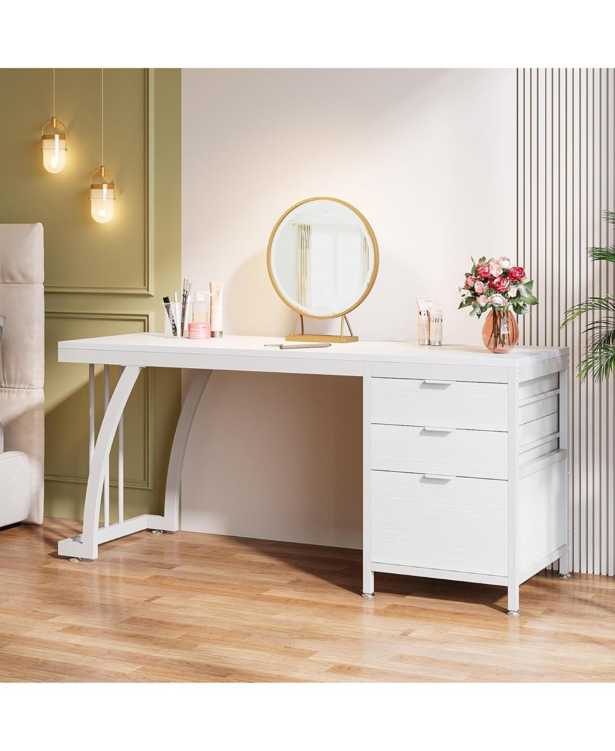 Tribesigns Vanity Desk with 3 Drawers, 59-Inch Chic Makeup Desk for Women - White