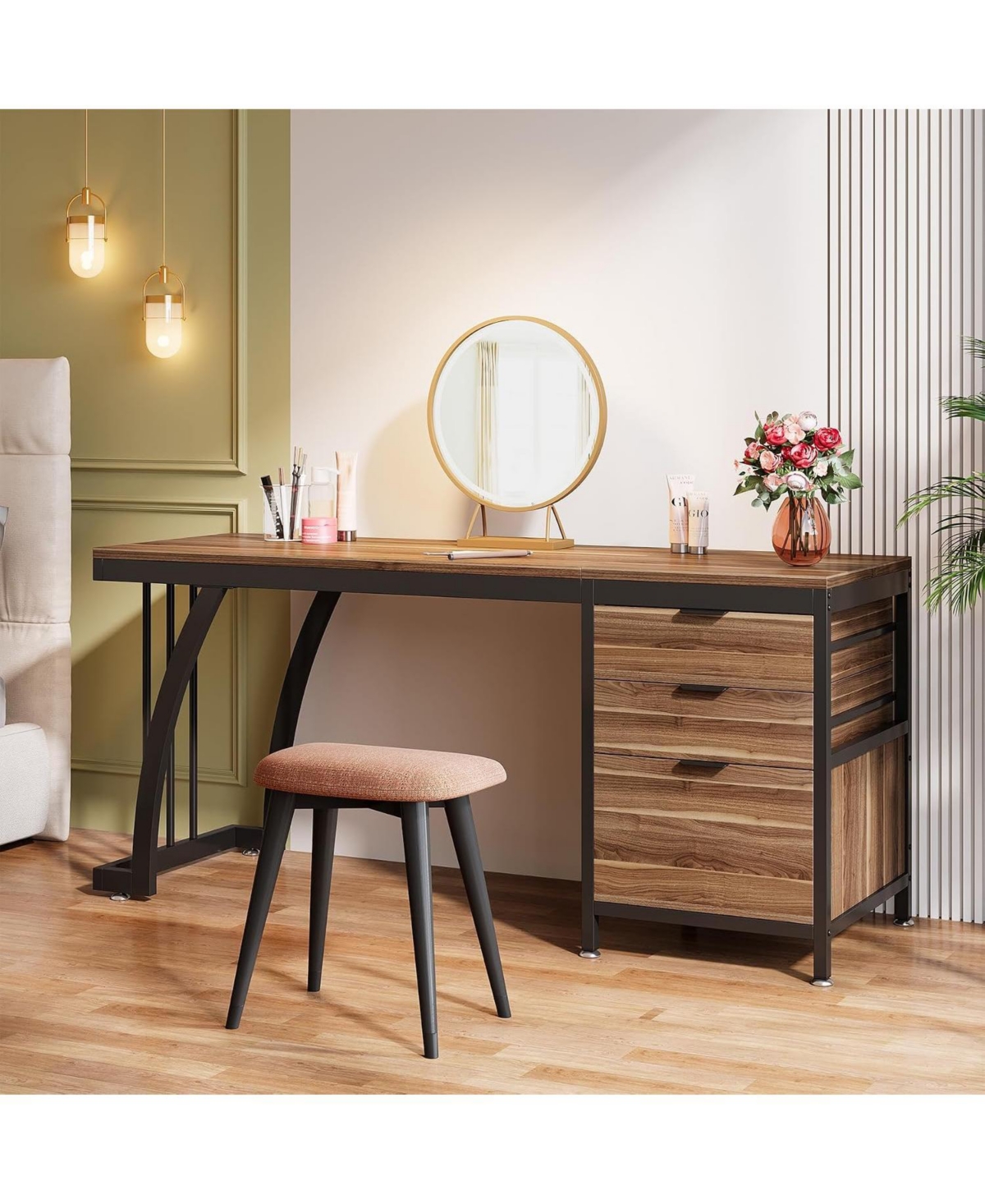 Tribesigns Vanity Desk with 3 Drawers, 59-Inch Chic Makeup Desk for Women - Walnut and black