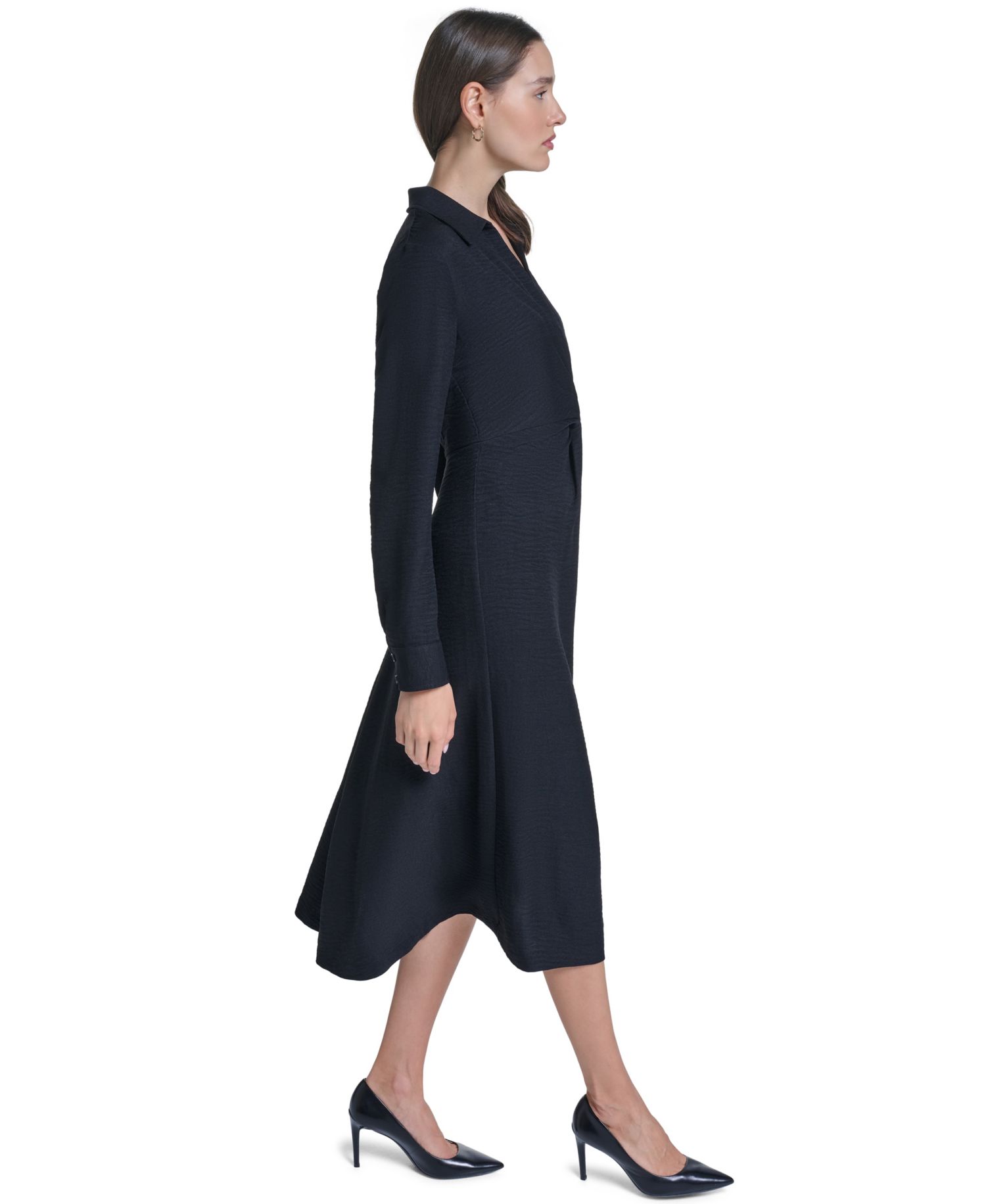 Women's Collared V-Neck Front-Twist Midi Dress