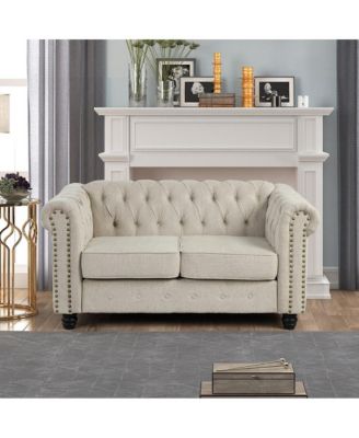 Linen Chesterfield 2 Seater Couch Loveseat for Living Room Rolled Arm Sofa with Button Tufted and Nailhead Trim