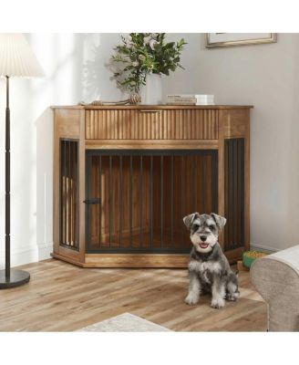 44.6" Corner Dog Crate with Fluted Drawer, for Small or Medium Dogs Decorative Dog Kennel End Table